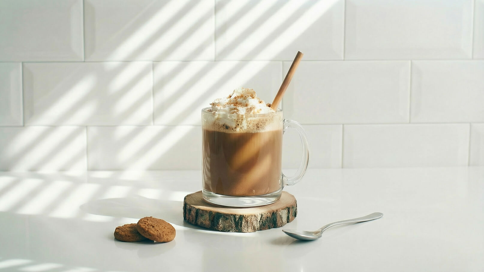Ein Glas mit cremigem Kaffee, garniert mit Schlagsahne und zerstoßenen Keksen, steht auf einem hölzernen Untersetzer. Daneben liegen zwei Kekse und ein Löffel. Sanfte Lichtstreifen fallen auf die Oberfläche, die den Kaffee hervorheben.