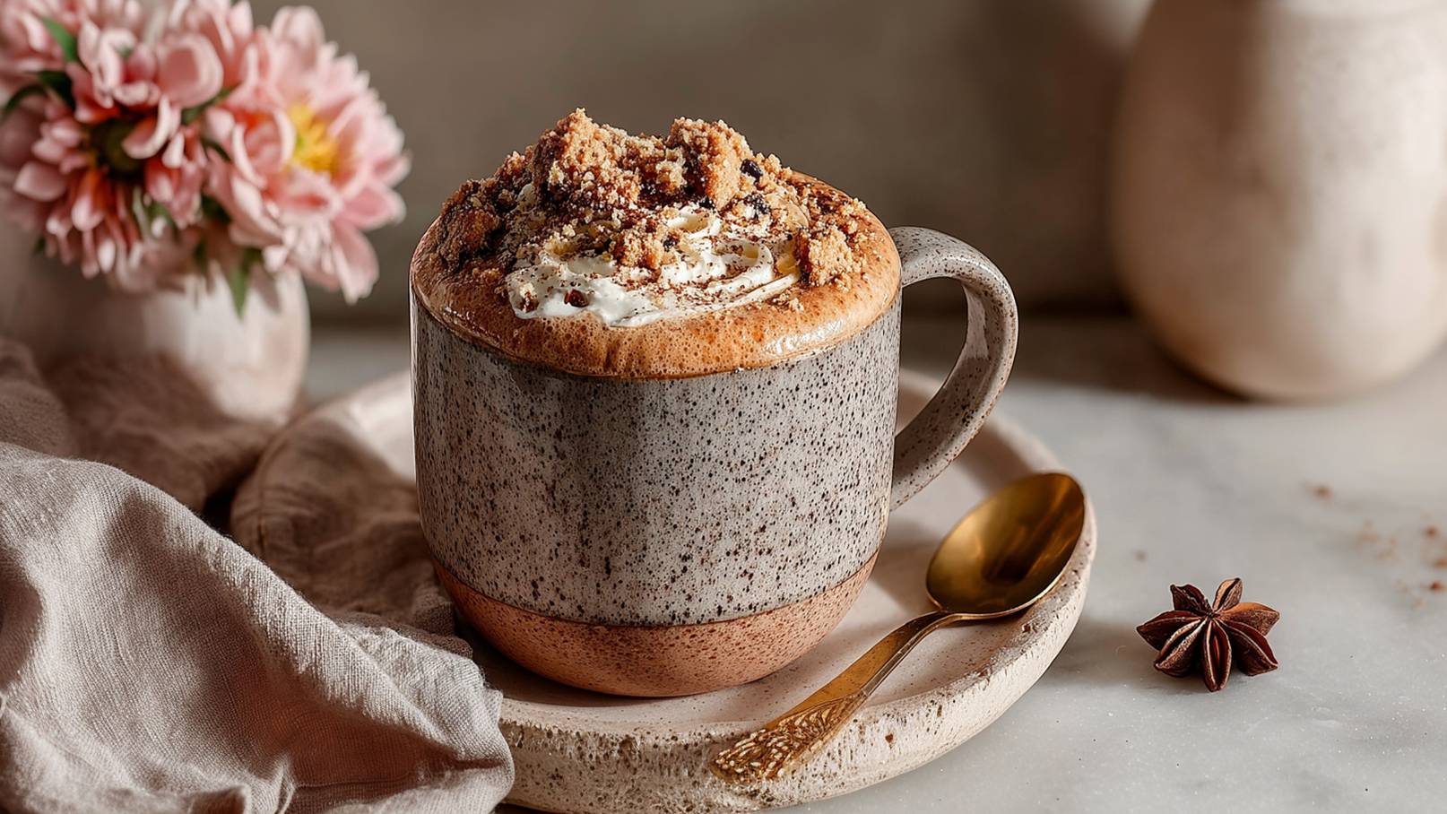 Eine graue Tasse mit einem köstlichen Getränk, das mit Sahne und krümeligen Toppings garniert ist, steht auf einer hellen Unterlage. Neben der Tasse liegt ein goldener Löffel.