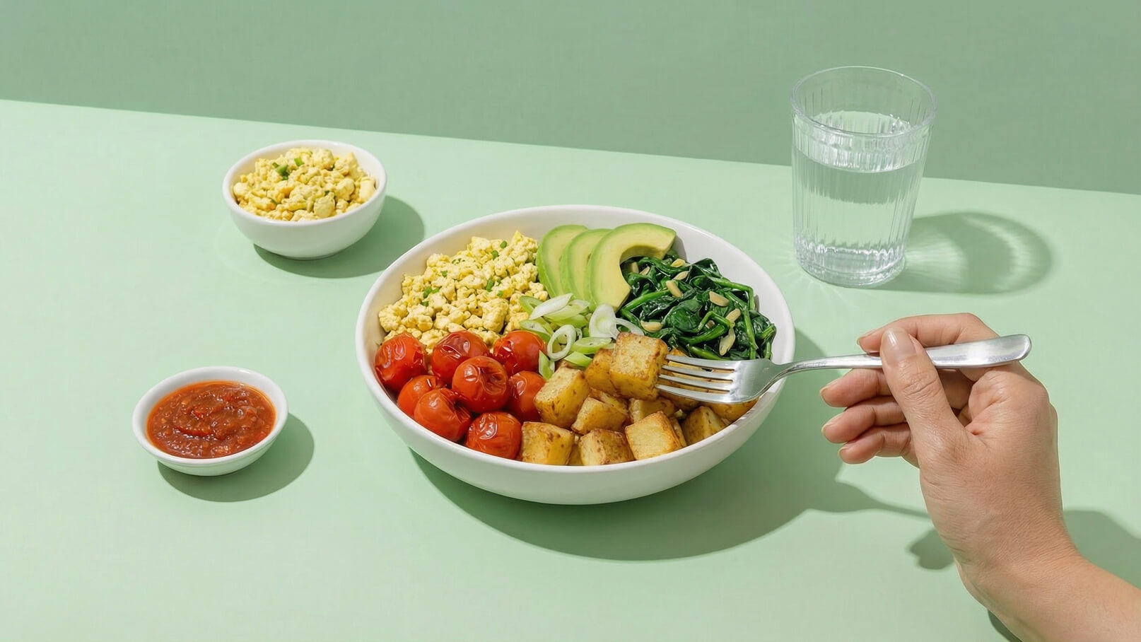 Ein bunter Teller mit gebratenen Kartoffeln, Kirschtomaten, Rührei, Avocado, Spinat und Frühlingszwiebeln. Darauf liegt eine Gabel. Neben dem Teller sind eine Schale mit gewürztem Tofu und eine kleine Schale mit Salsa sowie ein Glas Wasser zu sehen.