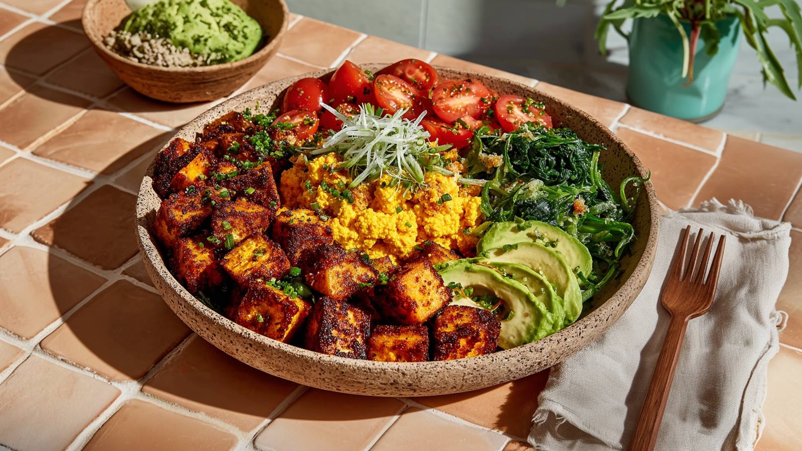 Eine große Schüssel mit gewürztem Tofu, gelber Creme, Tomaten, Avocadoscheiben und grünem Blattgemüse. Die Zutaten sind frisch und ansprechend angerichtet. Im Hintergrund ist eine kleine Schüssel mit grünem Dip zu sehen.