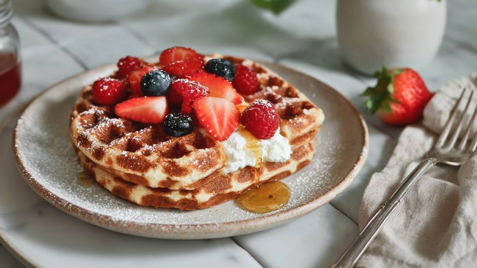 Ein Teller mit zwei Waffeln, belegt mit frischen Erdbeeren, Himbeeren und Heidelbeeren. Die Waffeln sind mit Puderzucker bestäubt und etwas Honig fließt darüber. Im Hintergrund sind eine Gabel und eine Serviette sichtbar.