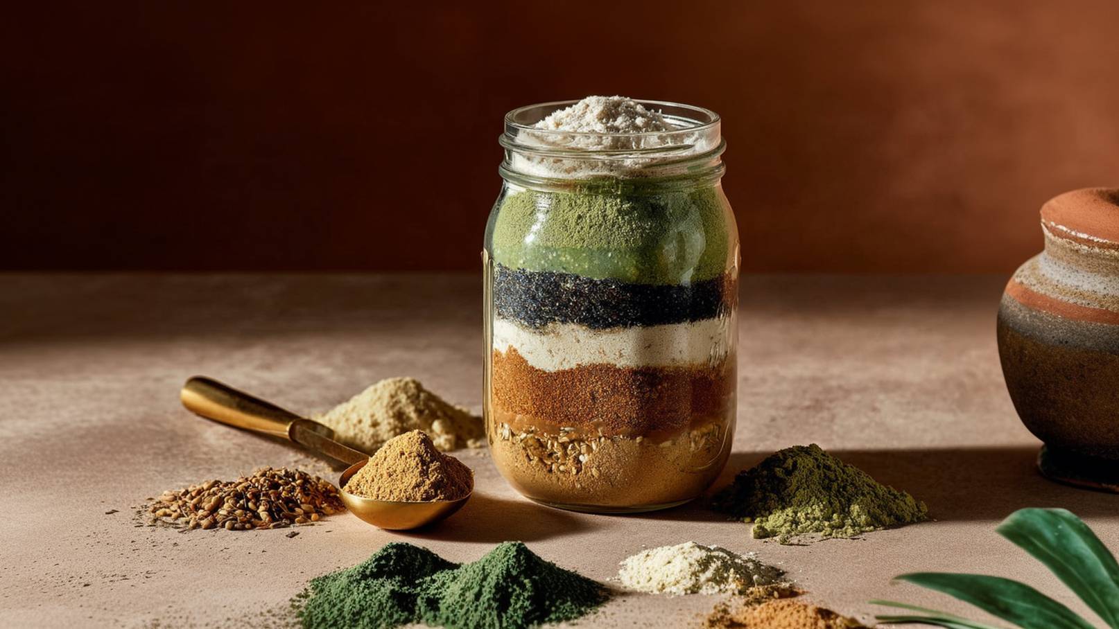 Ein Glas mit mehreren Schichten von verschiedenen Gewürzen und Pulver, darunter grüne, braune und weiße Farbtöne. Um das Glas herum liegen verschiedene Gewürze auf einem neutralen Untergrund, darunter einige in Schalen. Die Komposition zeigt eine ansprechende Anordnung von Farben und Texturen.