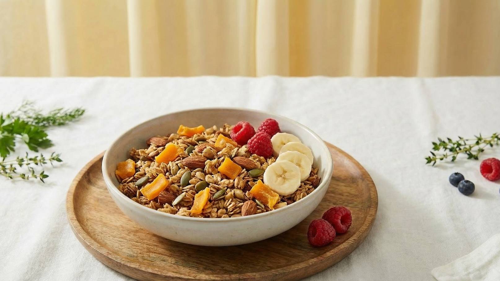Eine Schüssel Müsli steht auf einem Holzbrett. Das Müsli enthält Haferflocken, Mandeln, Kürbiskerne und kleine Stücke von Trockenfrüchten. Obenauf liegen Bananenscheiben und frische Himbeeren. Der Hintergrund ist hell und weich, mit einer neutralen Tischdecke.