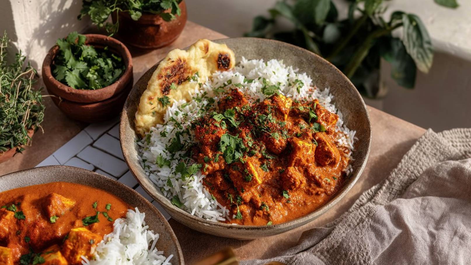 Ein rustikales Schälchen mit weißem Reis, garniert mit frischem Koriander und roten Gewürzen. Daneben liegt ein Löffel cremiges Curry mit Würfeln von Paneer. Ein Stück Naan-Brot ergänzt das Gericht.