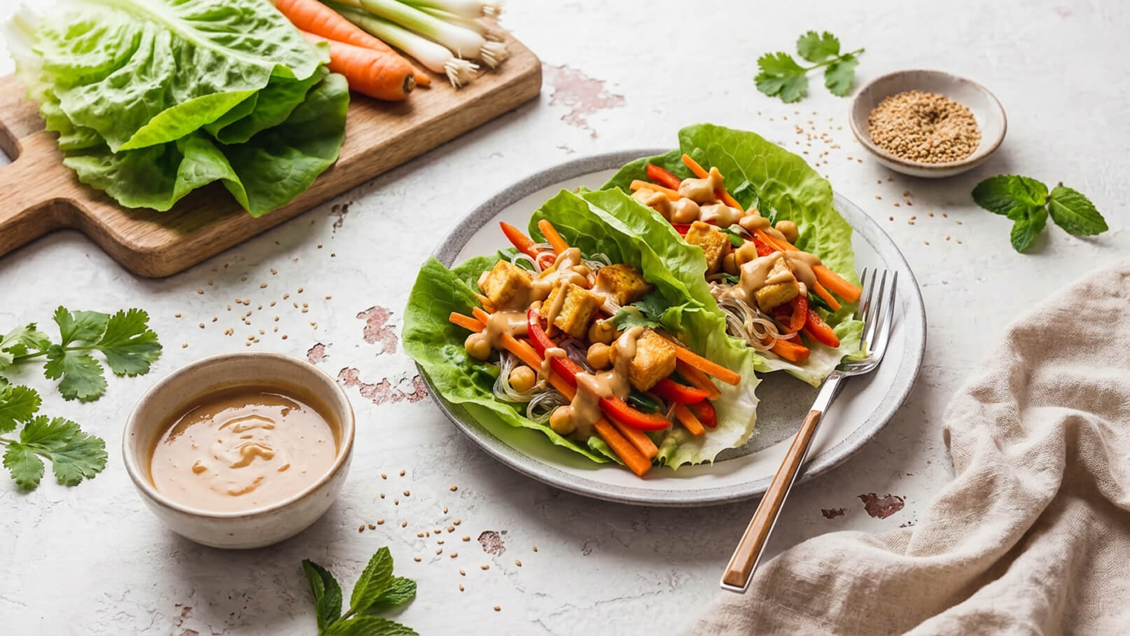Auf dem Bild sind zwei Teller mit gefüllten Salatblättern zu sehen. Die Füllung besteht aus Gemüse, Tofu und Glasnudeln, übergossen mit einer Erdnusssauce. Daneben steht eine Schale mit Erdnusssauce und frische Kräuter sind im Hintergrund sichtbar.