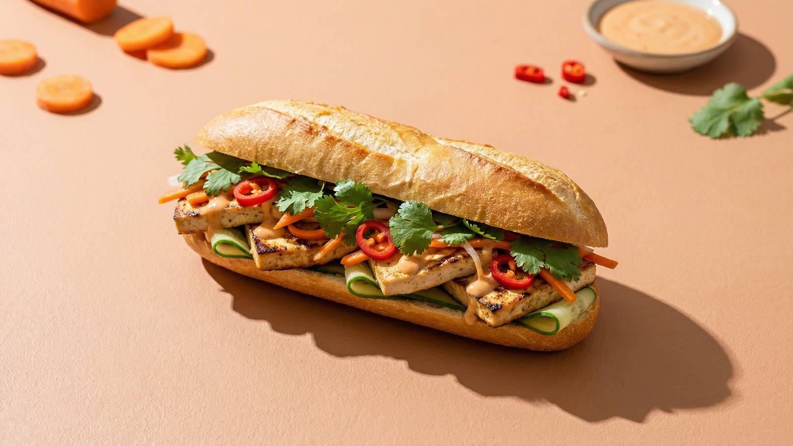 Ein frisch zubereiteter Sandwich in einem knusprigen Brötchen, gefüllt mit gegrilltem Hähnchen, frischen Kräutern, Gurken, Karottenstreifen und roten Chili-Scheiben. Dazu eine cremige Sauce, die auf dem Sandwich verteilt ist.