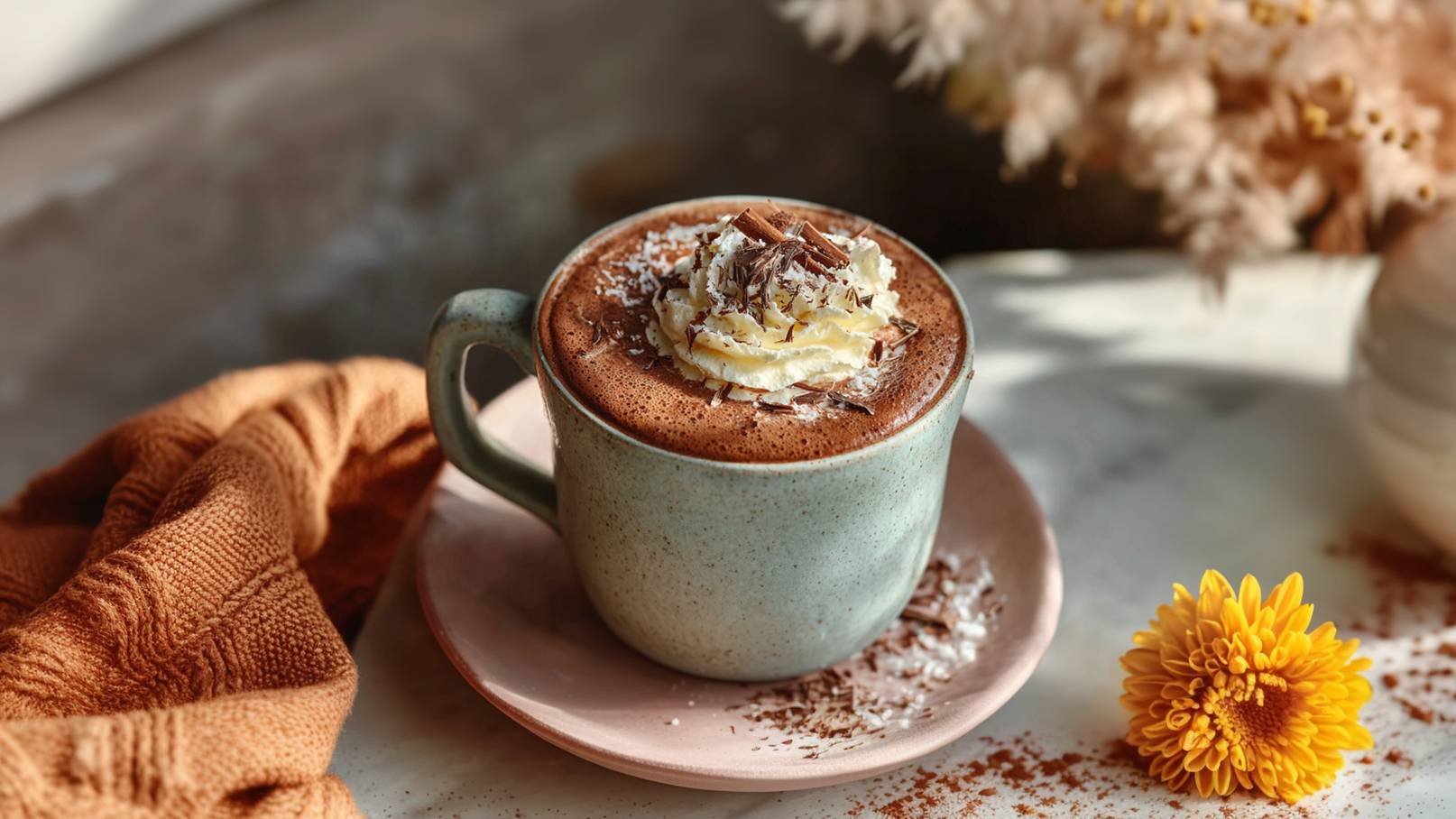 Eine Tasse heiße Schokolade steht auf einem rosa Unterteller. Die Schokolade ist mit einer Sahnehaube, Schokoladenraspeln und Kokosraspeln dekoriert. Neben der Tasse liegt ein orangefarbener Stoff und eine gelbe Blume ist im Hintergrund sichtbar.