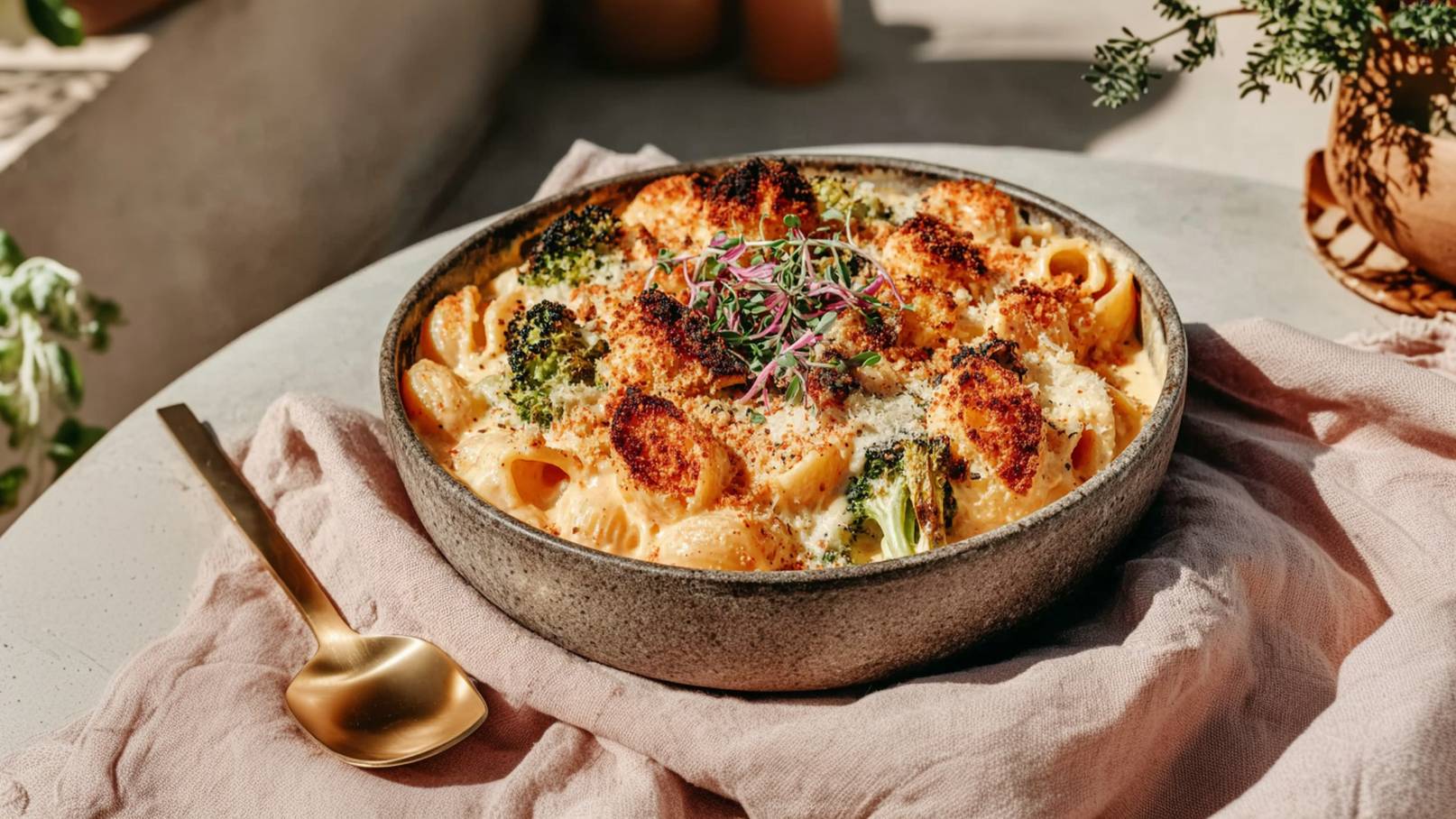 Eine Schüssel mit cremiger Pasta ist gefüllt mit abgeröstetem Brokkoli, goldbraunem Käse und frischen Kräutern. Die Nudeln sind umgeben von einer käsigen Sauce und mit knusprigen Bröseln bestreut. Neben der Schüssel liegt ein goldener Löffel auf einem rosa Tuch.