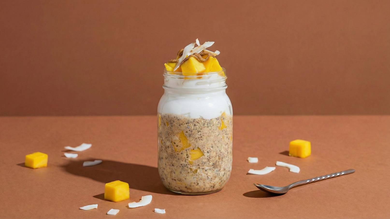 Ein Glas mit Schichtdessert ist auf einem braunen Untergrund abgebildet. Das Dessert besteht aus einer Schicht Joghurt, Haferflocken und Würfeln von frischer Mango, dekoriert mit Kokosraspeln. Neben dem Glas liegen einige Kokos- und Mangostücke sowie ein Löffel.