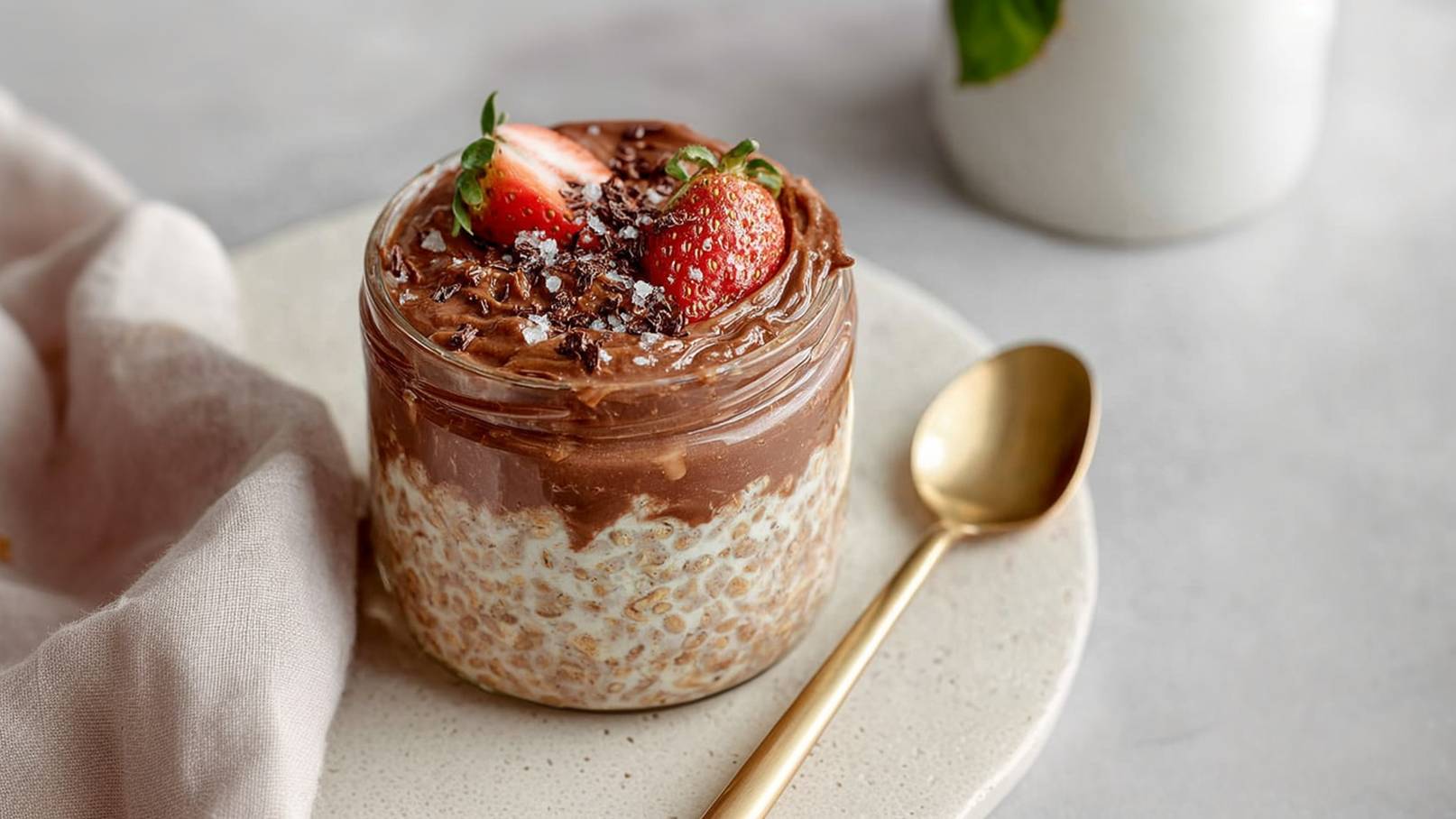 Ein Glas mit Schokoladencreme und Schichten aus Haferflocken ist dekoriert mit frischen Erdbeeren und gehackter Schokolade. Daneben liegt ein goldener Löffel auf einem hellen Teller.