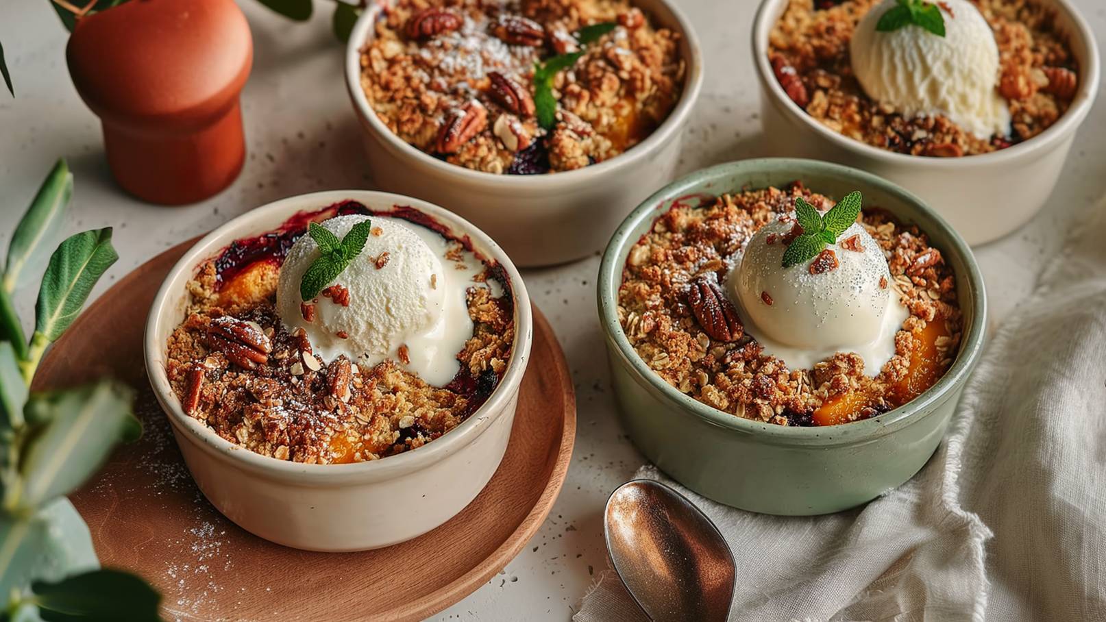 Verschiedene Schalen mit warmem Crumble, oben mit einer Kugel Vanilleeis und gehackten Nüssen dekoriert. Einige Blätter Minze sind ebenfalls sichtbar. Die Schalen sind auf einem Holzbrett platziert, umgeben von Pflanzen und einem Löffel.