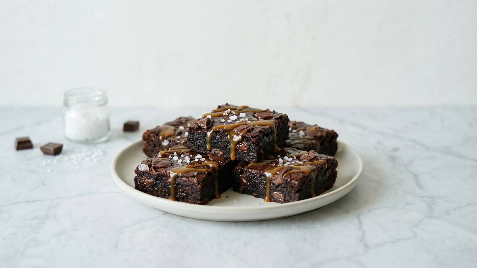 Ein weißer Teller mit mehreren Stücken schokoladiger Brownies, die mit Karamell und einer Prise Salz garniert sind. Die Brownies liegen auf einem marmorierten Untergrund. Neben dem Teller steht ein Glas mit Zucker.