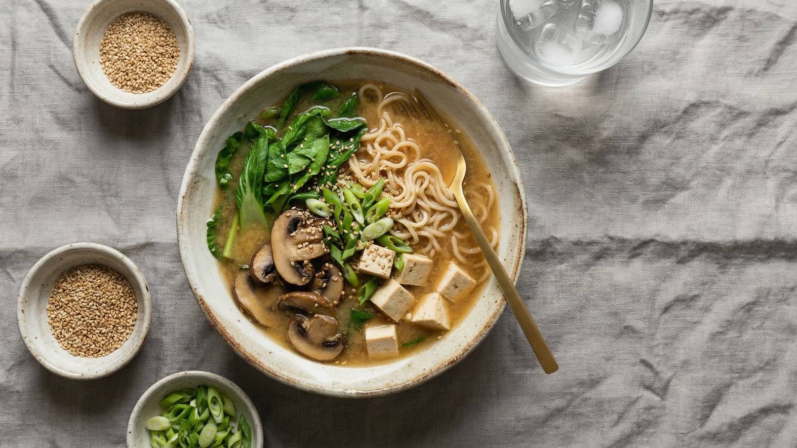Eine Schüssel Ramen-Nudelsuppe mit frischem Spinat, Shiitake-Pilzen, Tofu und Frühlingszwiebeln. Die Suppe ist mit Sesamsamen garniert. Neben der Schüssel stehen kleine Schalen mit geröstetem Sesam und geschnittenen Frühlingszwiebeln.