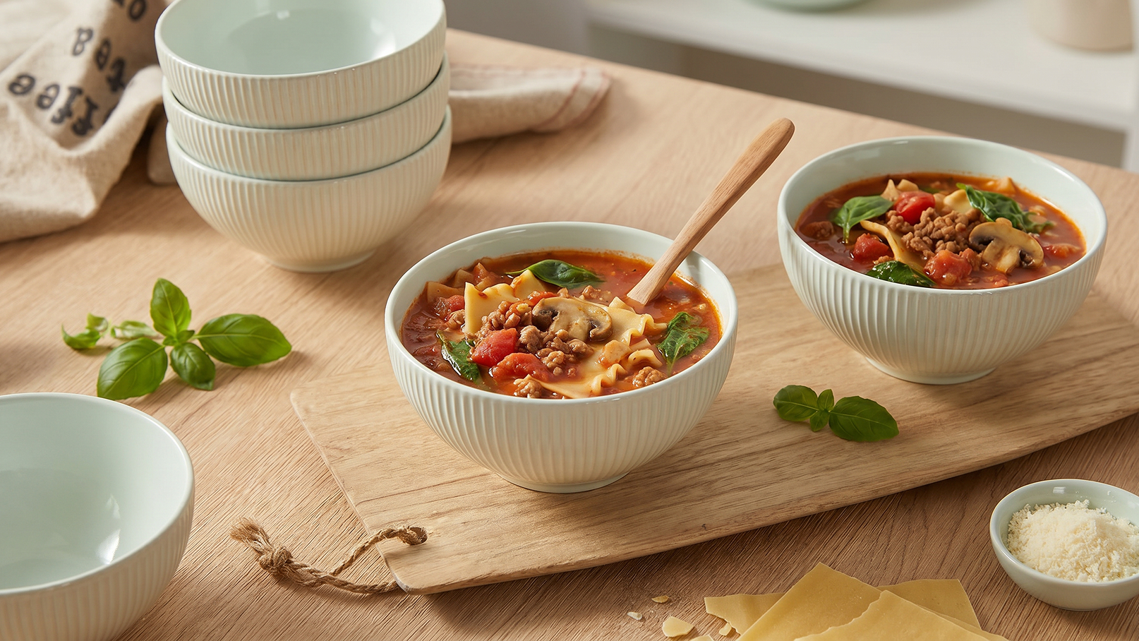 Zwei Schalen mit einer herzhaften Nudelsuppe, in der sich Fleisch, Gemüse und frischer Spinat befinden. Eine Schale hat einen Holzlöffel. Im Hintergrund sind einige leere Schalen und frische Basilikumblätter zu sehen.