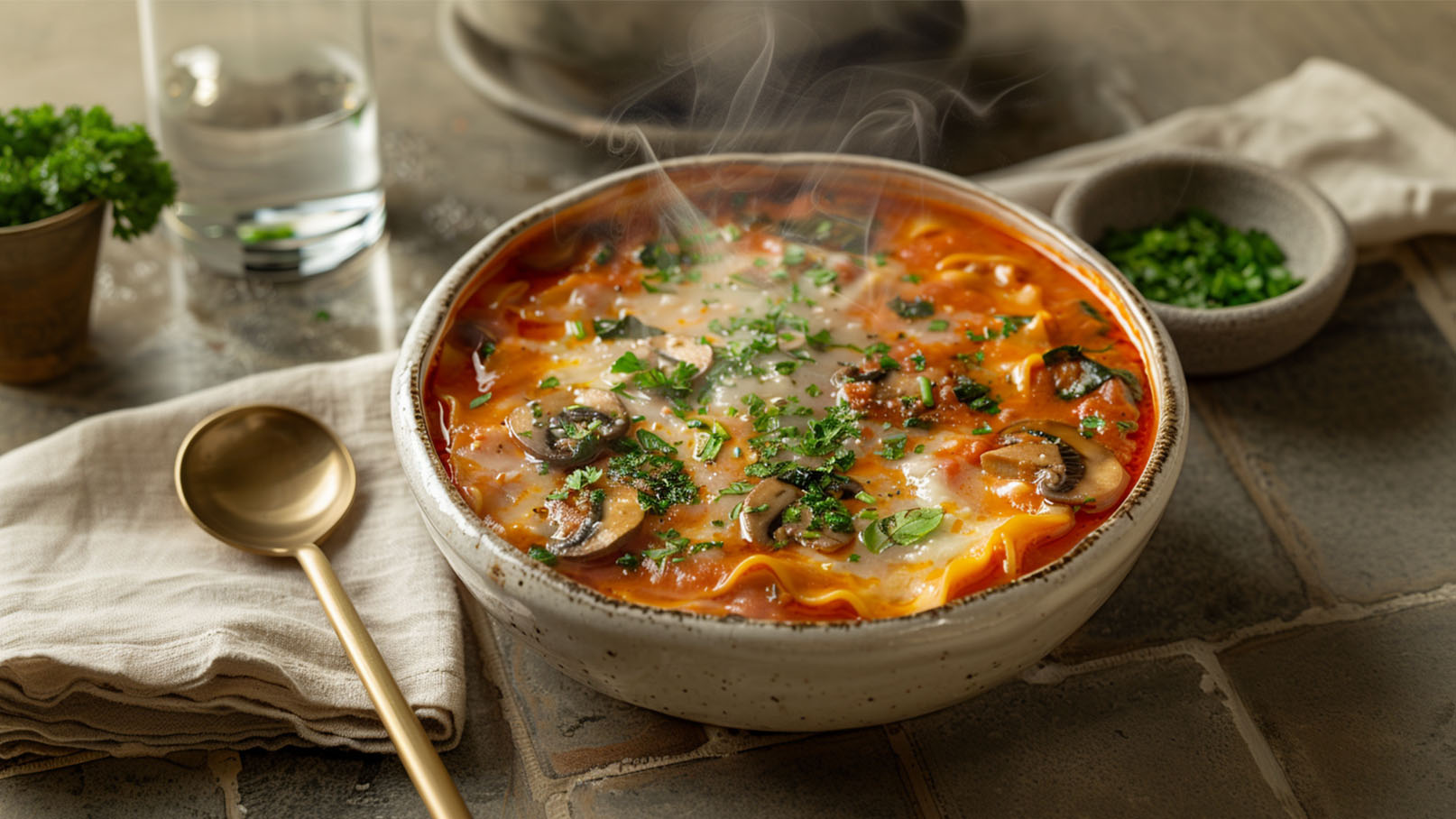 Eine dampfende Schüssel Lasagne-Suppe steht auf einem Tisch. Die Suppe ist reichhaltig und enthält Nudelschichten, Tomatensoße, Pilze und frische Kräuter. Daneben liegt ein goldener Löffel und ein kleiner Schälchen mit gehacktem Gemüse.