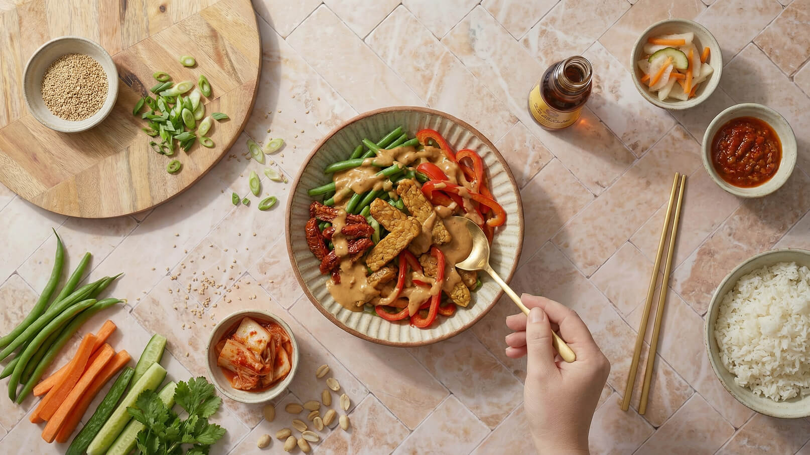 Ein Teller mit gebratenem Tempeh, grünen Bohnen und roten Paprika, überzogen mit einer Erdnusssauce. Daneben liegen Schalen mit Reis, Kimchi und eingelegtem Gemüse sowie eine Flasche Sojasauce. Eine Hand hält einen Löffel, bereit zum Essen.