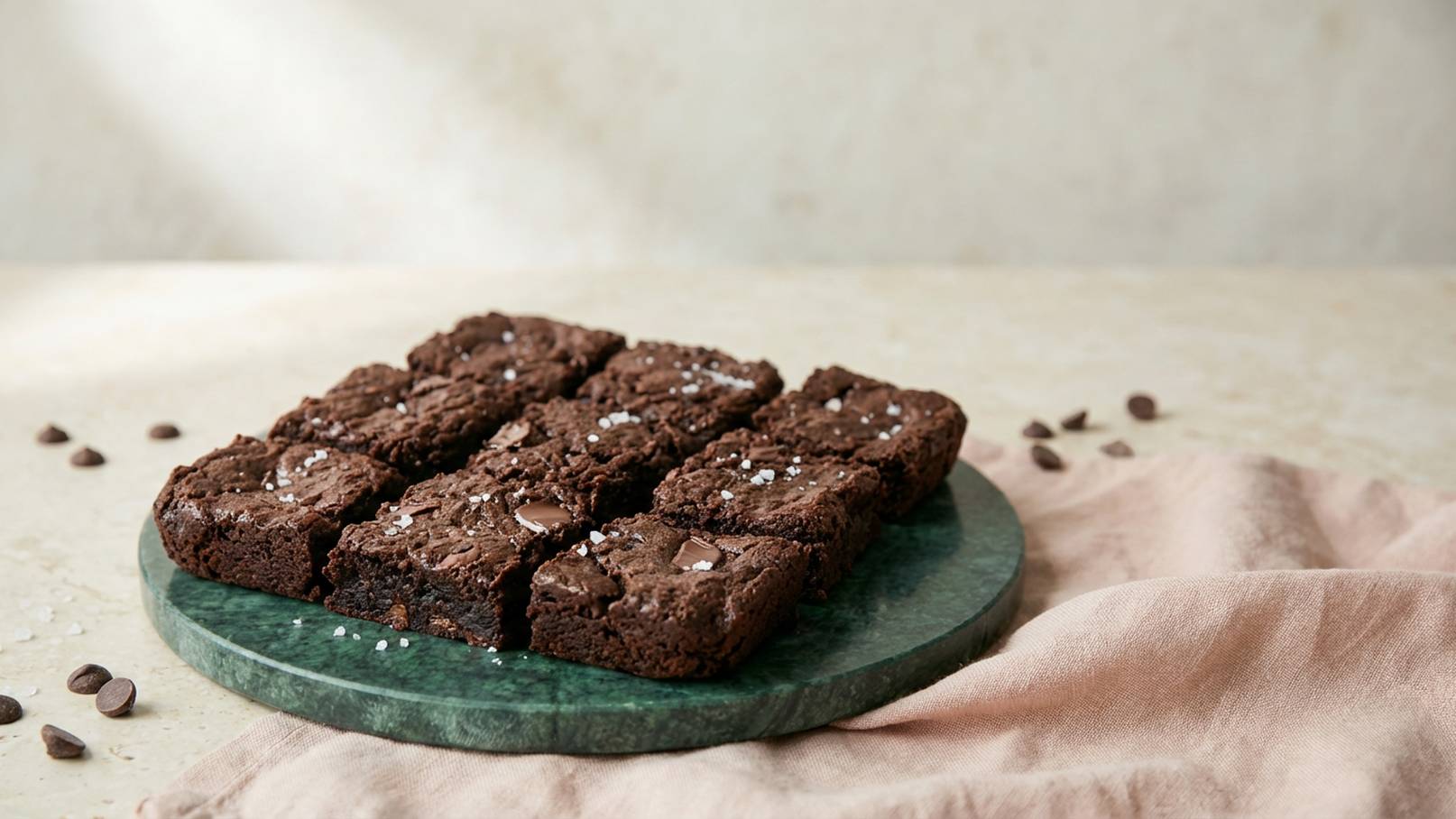 Ein Tableau aus acht quadratischen Brownies, auf einer grünen Platte arrangiert. Die Brownies sind dunkelbraun, mit einer glatten Oberfläche, und mit einer Prise Salz bestreut. Im Hintergrund sind einige Schokoladenstückchen und ein beige-farbenes Tuch sichtbar.