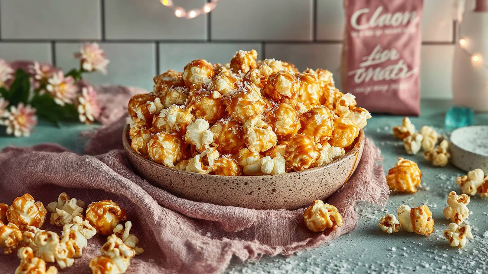 Eine gefüllte Schüssel mit karamellisierten Popcorn steht auf einem Tisch. Um die Schüssel herum liegen verstreute Popcornstückchen, und ein weiches Tuch in Pastellfarbe ist darunter drapiert. Der Hintergrund ist hell und verschafft eine gemütliche Atmosphäre.