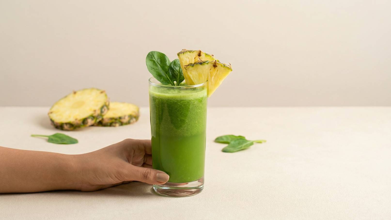 Ein Glas grüner Saft mit Spinat und einer Ananasscheibe dekoriert, wird von einer Hand gehalten. Im Hintergrund sind einige Ananasstücke und ein Blatt Spinat zu sehen. Der Hintergrund ist hell und neutral gehalten.