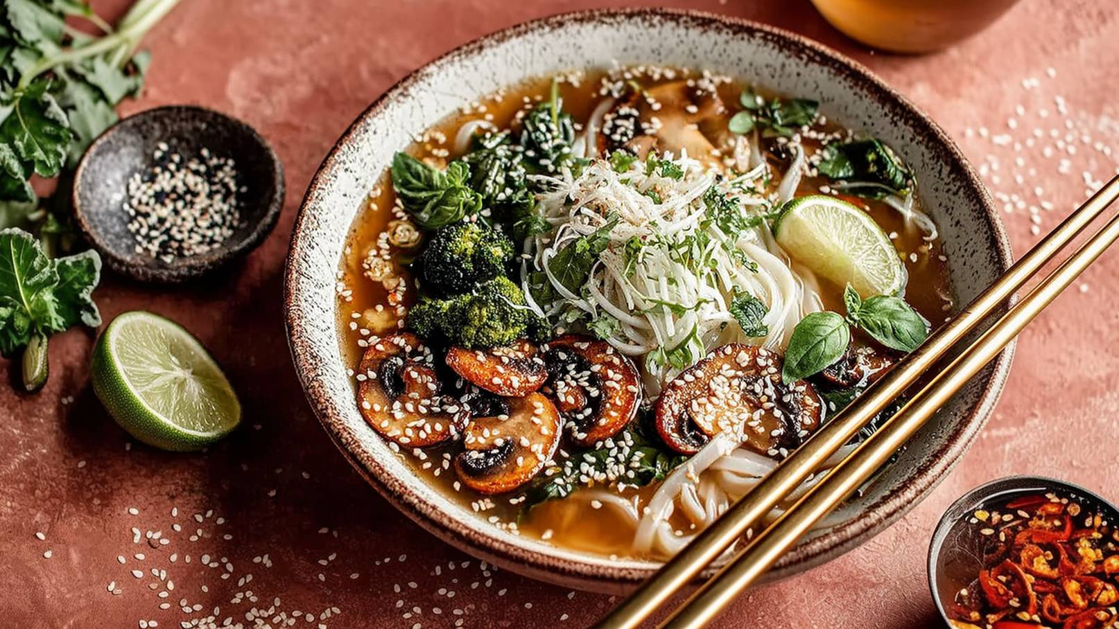 Eine Schüssel mit dampfender Brühe, gefüllt mit Reisnudeln, Brokkoli, gehobelten Pilzen und frischen Kräutern. Dekoriert mit Sesam und Limettenscheiben. Neben der Schüssel liegen Essstäbchen und eine kleine Schale mit scharfen Chili.