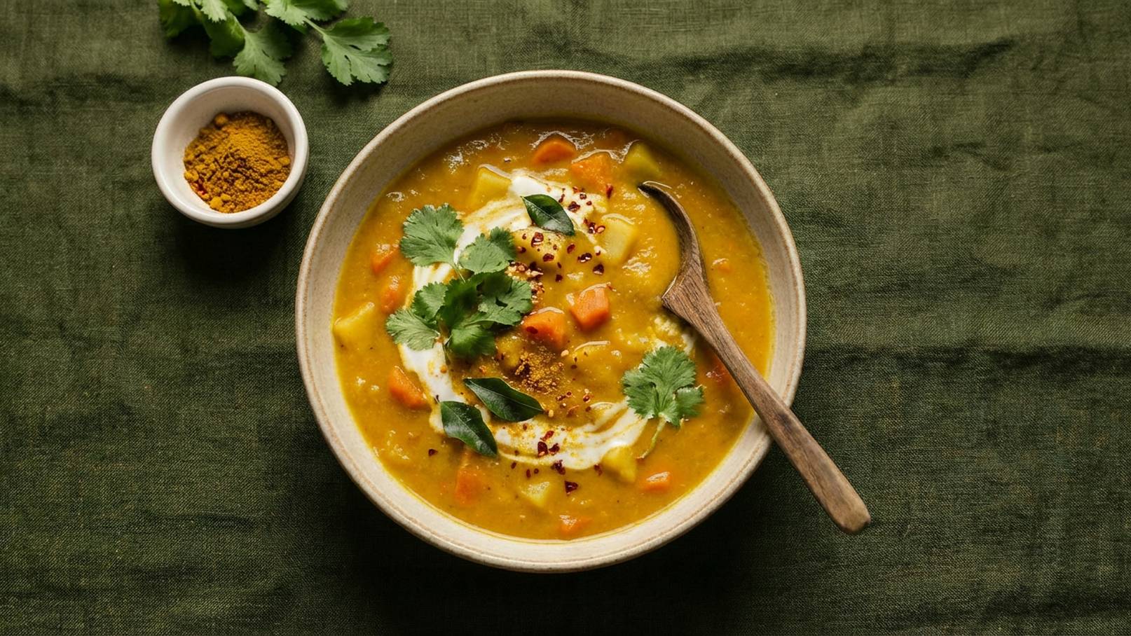 Eine Schüssel mit cremiger Suppe, garniert mit frischem Koriander, würzigen Flaschen und roten Chiliflocken. Ein Holzlöffel liegt neben der Schüssel. Im Hintergrund ist eine grüne Tischdecke zu sehen.