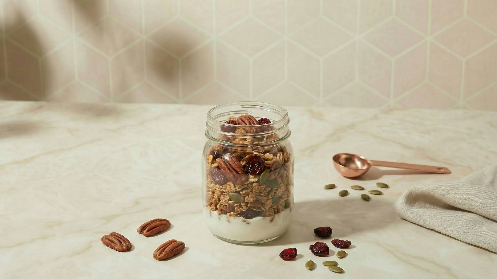Ein Glas mit Joghurt, Müsli, Pekannüssen und getrockneten Cranberries ist auf einem marmorierten Tisch platziert. Um das Glas liegen einige Pekannüsse, getrocknete Cranberries und Kürbiskerne. Im Hintergrund ist eine geometrische Wandgestaltung sichtbar.