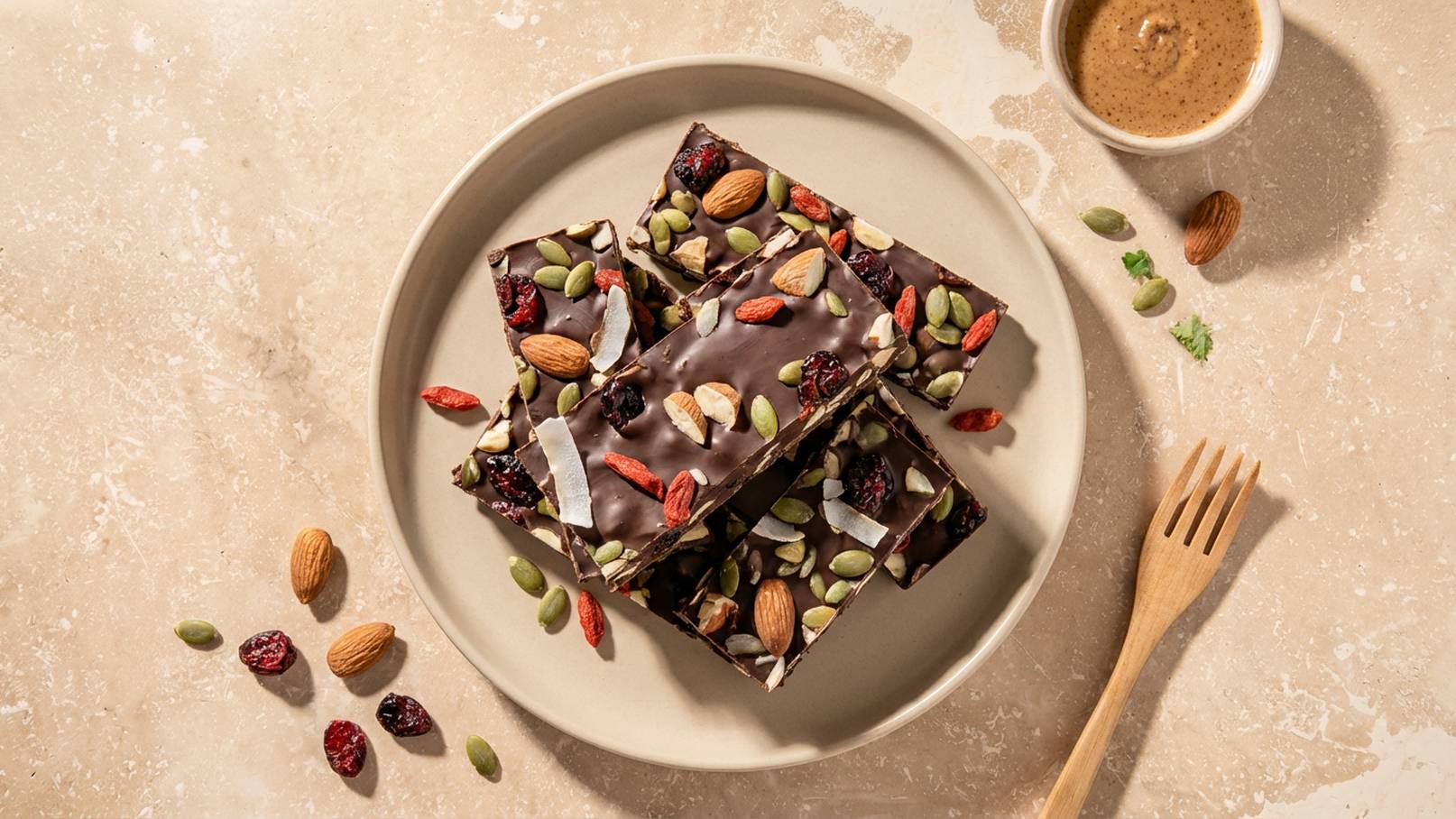 Auf einem Teller liegen mehrere schokoladene Riegel, die mit Nüssen, Samen und getrockneten Früchten dekoriert sind. Neben dem Teller befindet sich eine kleine Schüssel mit nussiger Paste. Der Hintergrund ist hell und neutral.