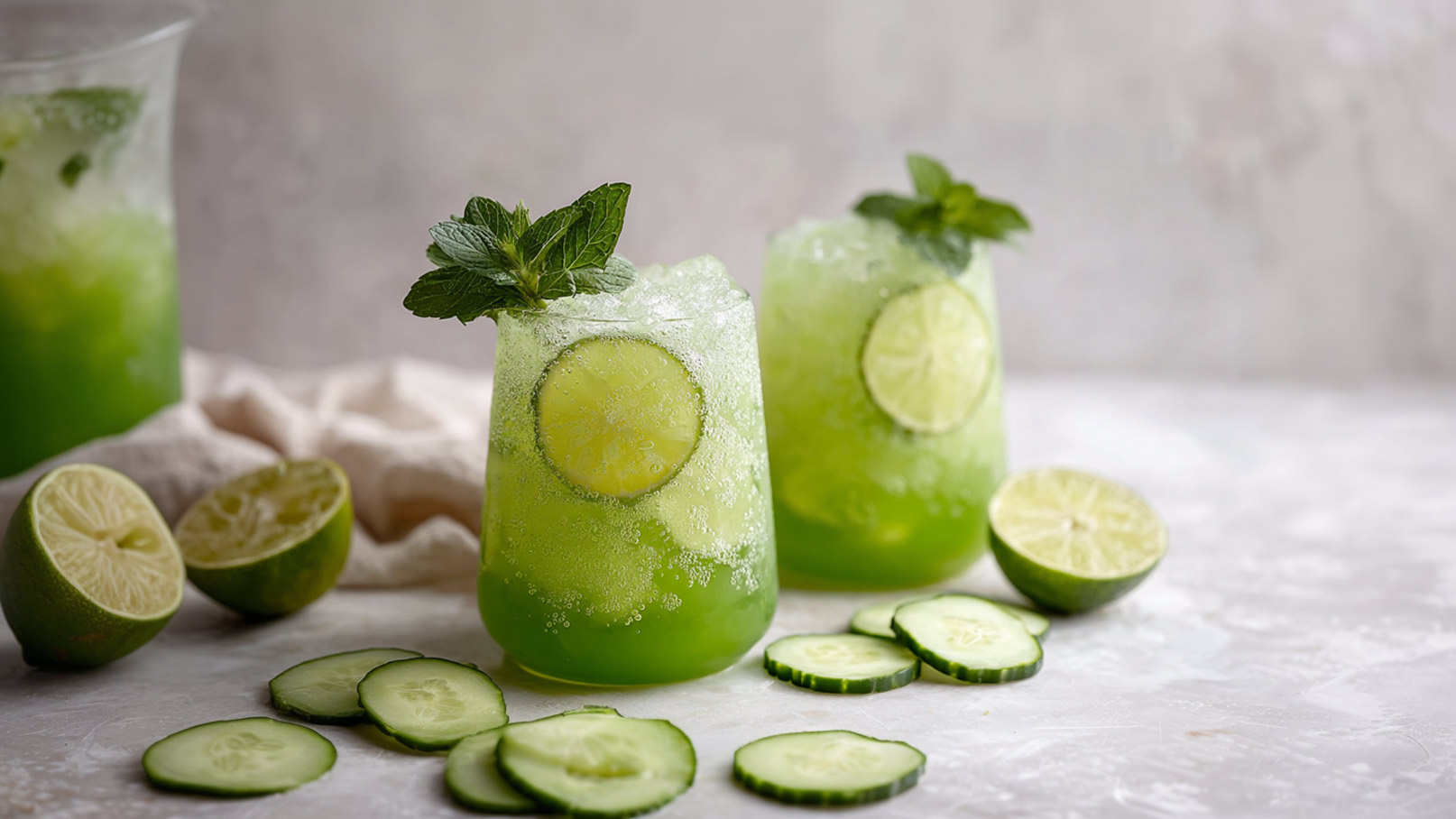 Zwei erfrischende grüne Drinks im Glas, dekoriert mit Minzblättern und Zitronenscheiben. Um die Gläser herum liegen frische Gurkenscheiben und halbierte Limetten. Die Getränke haben eine sprudelnde Textur und wirken kühl und einladend.