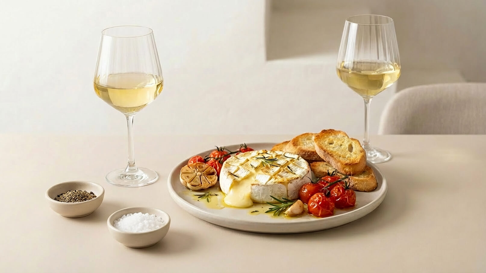 Ein Teller mit geschmolzenem Käse, umgeben von gebratenen Kirschtomaten und knusprigem Brot. Neben dem Teller stehen zwei Gläser Weißwein und kleine Schalen mit Pfeffer und Salz. Der Hintergrund ist schlicht und hell.
