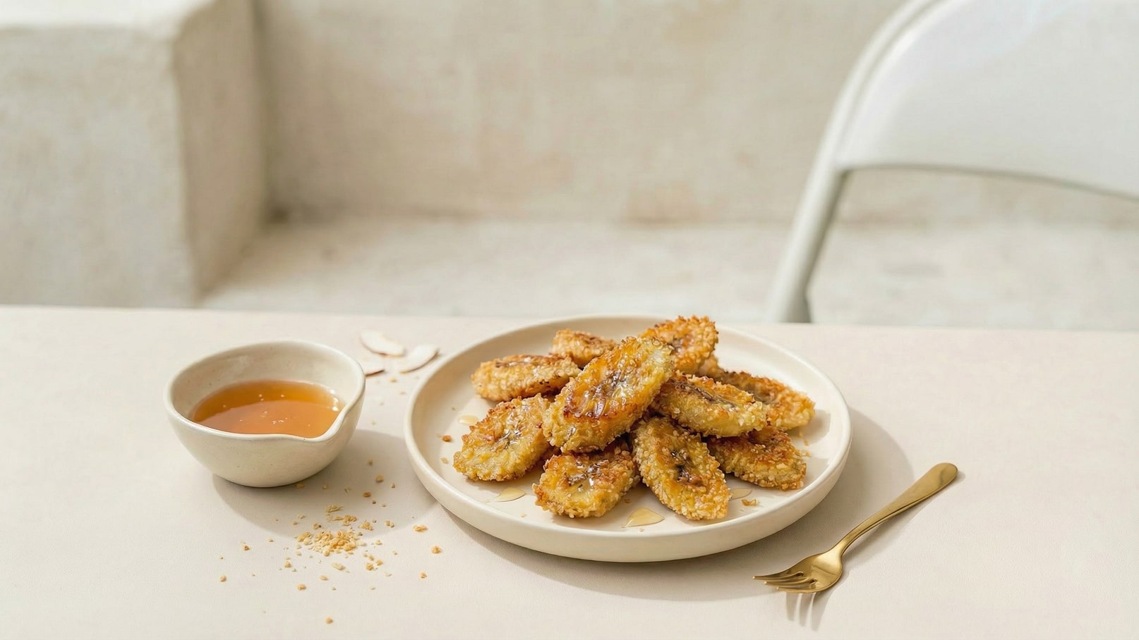 Ein Teller mit knusprigen frittierten Snacks, die goldbraun und mit Sesam bestreut sind. Neben dem Teller befindet sich eine kleine Schale mit goldener Flüssigkeit, vermutlich Honig oder Sirup, sowie einige zerstoßene Nüsse auf dem Tisch.