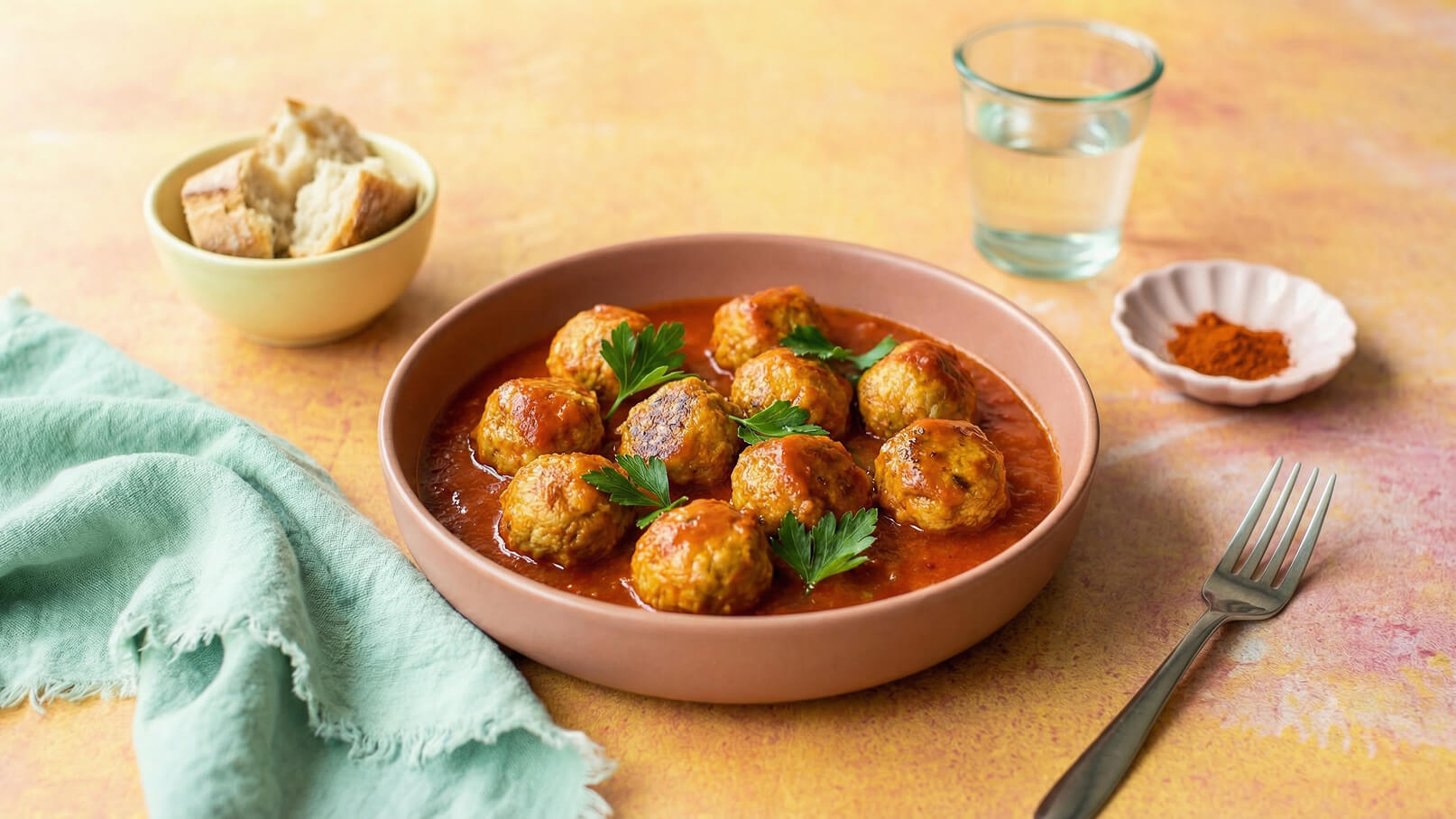Ein Teller mit Fleischbällchen in Tomatensauce, garniert mit frischer Petersilie. Daneben befindet sich ein Schälchen mit Brotstücken und eine kleine Schale mit Gewürzpulver. Im Hintergrund steht ein Glas Wasser. Der Tisch hat einen sanften, farbigen Untergrund.