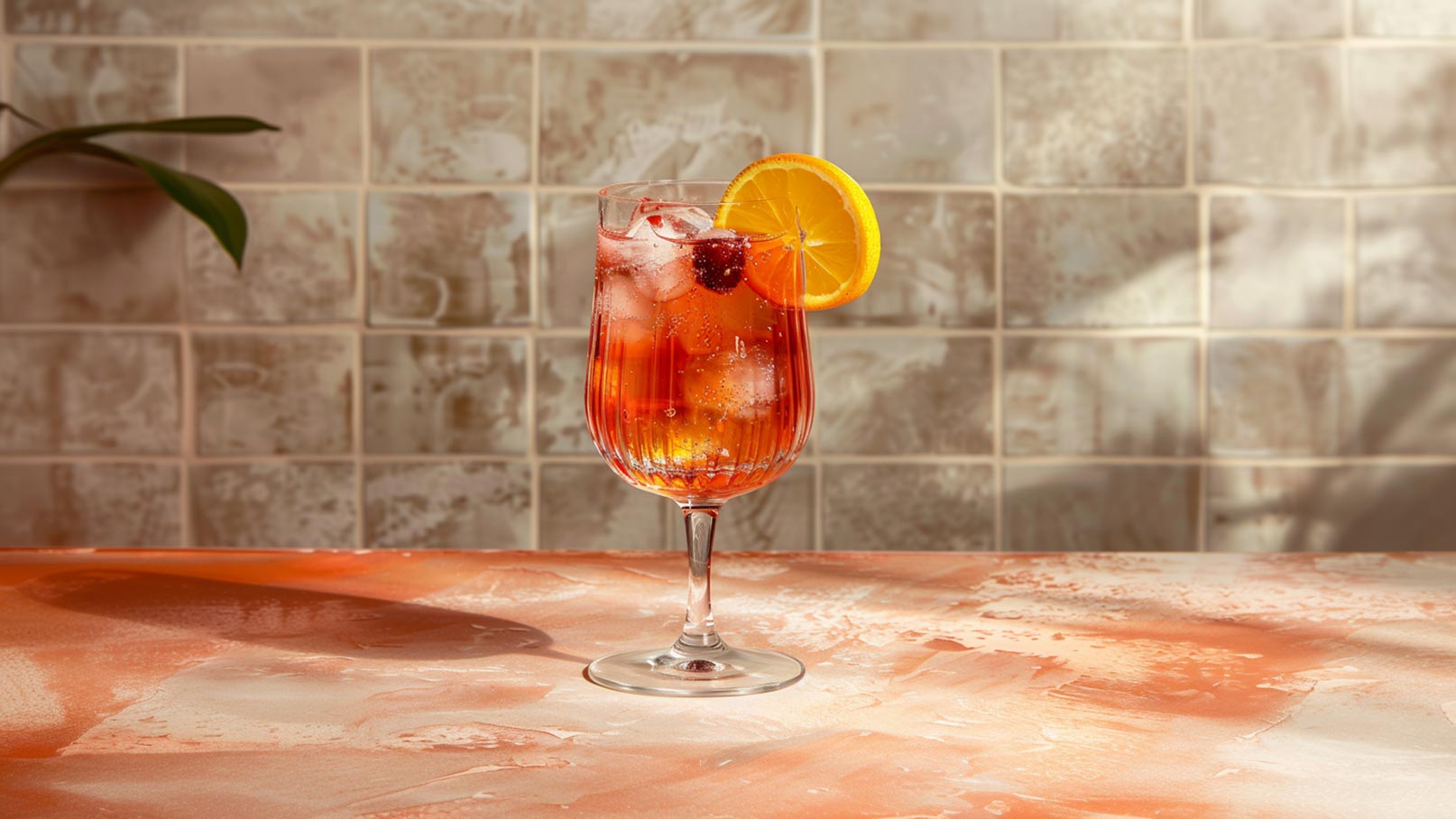 Ein gefülltes Glas mit einem erfrischenden, rot-orangen Getränk steht auf einer Tischfläche. Das Getränk enthält Eiswürfel und ist mit einer Orangenscheibe sowie einer Beere dekoriert. Im Hintergrund sind helle Fliesen sichtbar.