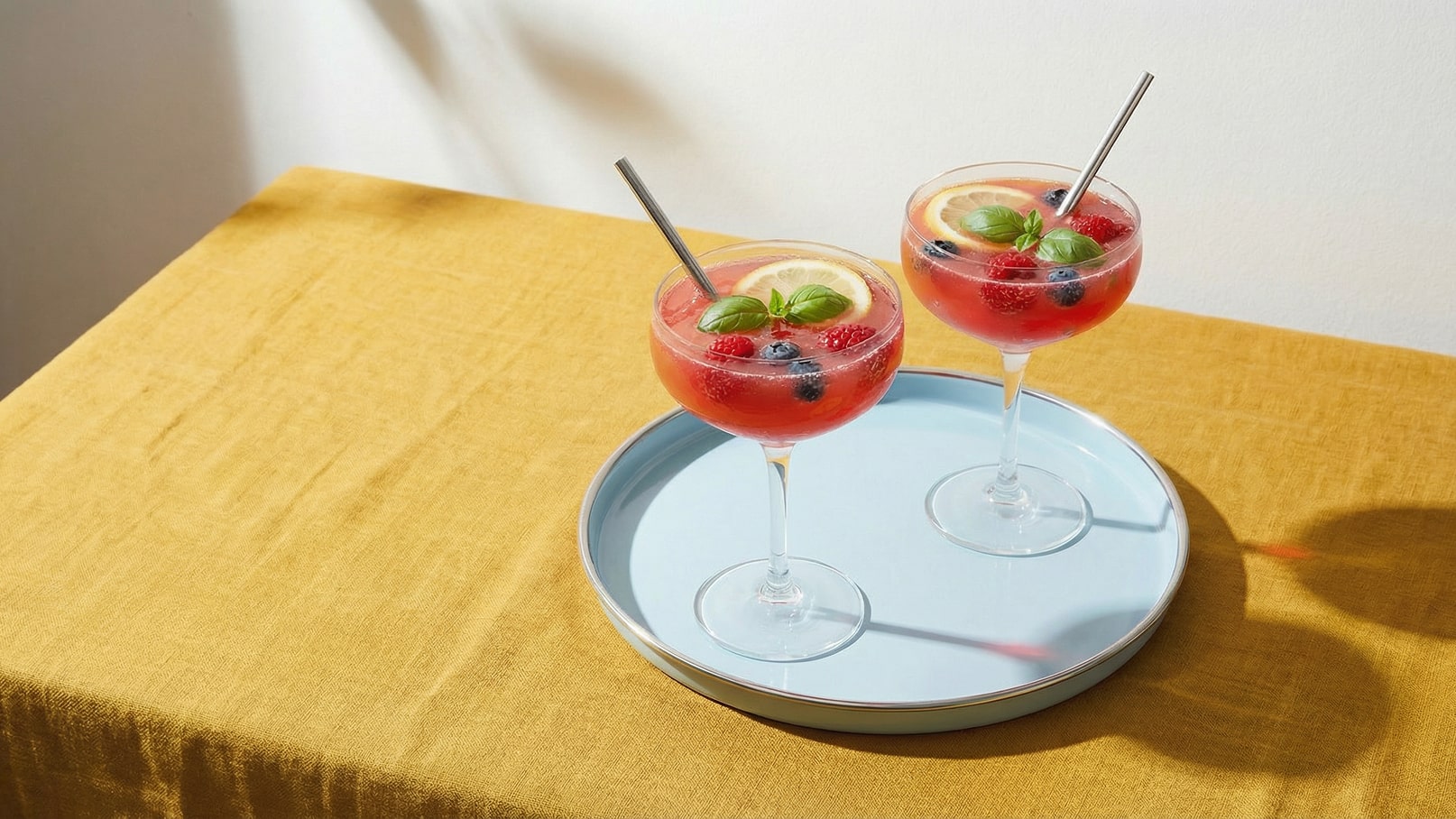 Zwei Gläser mit rotem Cocktail stehen auf einem blauen Tablett. Die Cocktails sind mit frischen Himbeeren, Blaubeeren und einem Basilikumblatt garniert. Der Tisch ist mit einer goldgelben Tischdecke bedeckt.