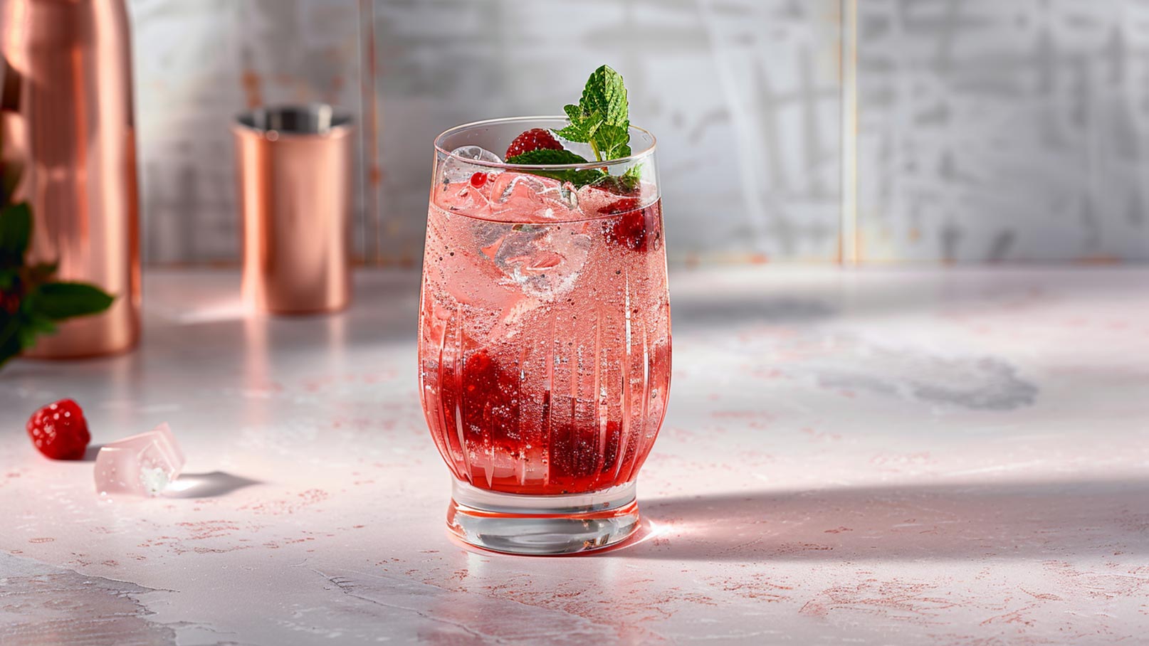 Ein Glas mit einem sprudelnden Getränk, das mit frischen Himbeeren und einem Zweig Minze dekoriert ist. Das Getränk hat eine rötliche Farbe und enthält Eiswürfel. Im Hintergrund sind verschwommene, metallische Utensilien zu sehen.