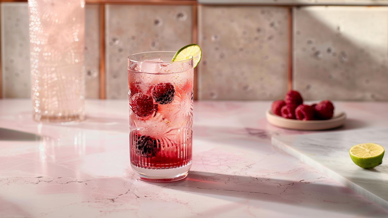Ein transparenter Trinkglas gefüllt mit einem sprudelnden Getränk, Eiswürfeln und frischen Himbeeren. Eine Limettenscheibe dekoriert den Rand des Glases. Im Hintergrund steht eine Karaffe, und ein kleiner Teller mit weiteren Himbeeren ist sichtbar. Der Untergrund ist rosa marmoriert.