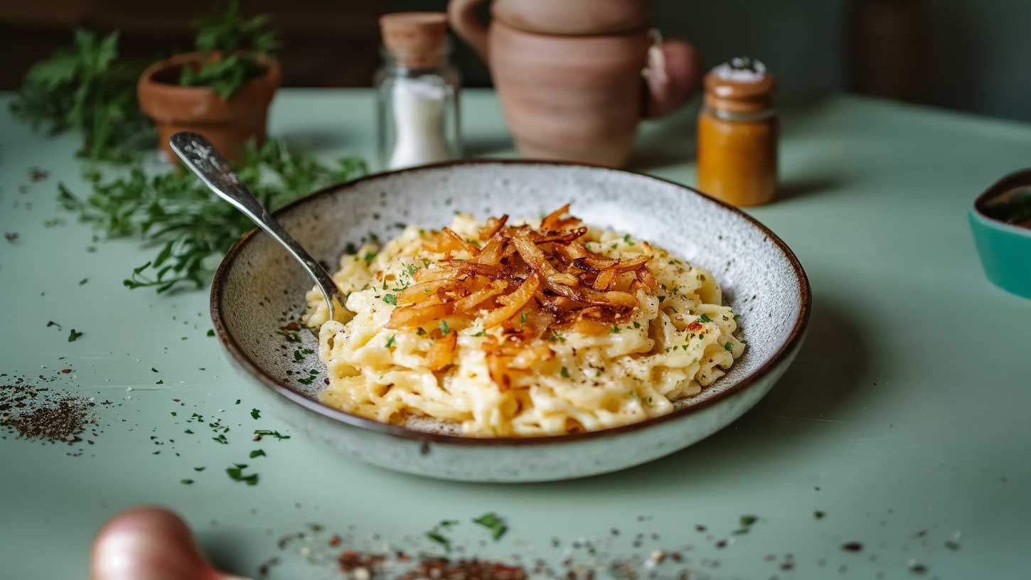 Ein Teller mit cremigen Noodles, garniert mit knusprig gebratenen Zwiebeln und frischen Kräutern. Die Pasta ist in einer tiefen, rustikalen Schüssel angerichtet und auf einem hellgrünen Tisch platziert. Im Hintergrund sind einige Gewürze und eine kleine Pflanze zu sehen.