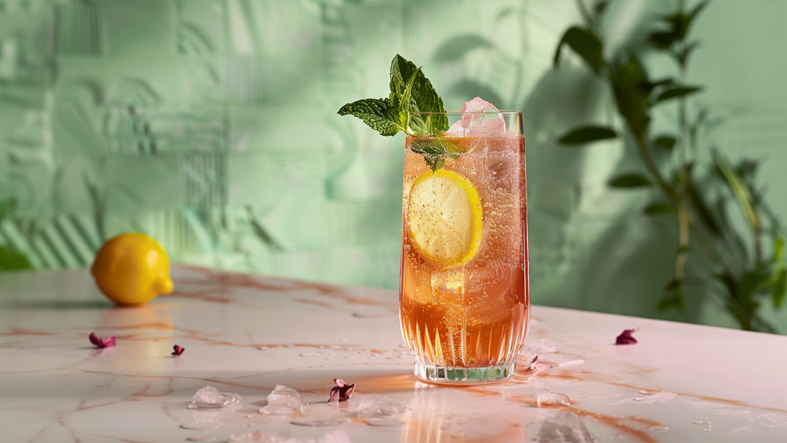 Ein Glas mit einem fruchtigen Getränk, das mit Eiswürfeln, einer Scheibe Zitrone und frischen Minzblättern garniert ist. Im Hintergrund ist ein grüner Wandteppich und ein gelbes Zitrusfruchtstück zu sehen. Die Tischoberfläche hat marmorierte Muster und zeigt einige Tropfen.
