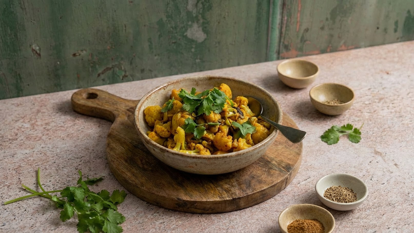 Eine Schüssel mit gewürztem Blumenkohl, garniert mit frischem Koriander, steht auf einem Holzbrett. Im Hintergrund sind kleine Schalen mit verschiedenen Gewürzen zu sehen. Der Untergrund ist in neutralen Farbtönen gehalten, was den Fokus auf das Gericht lenkt.