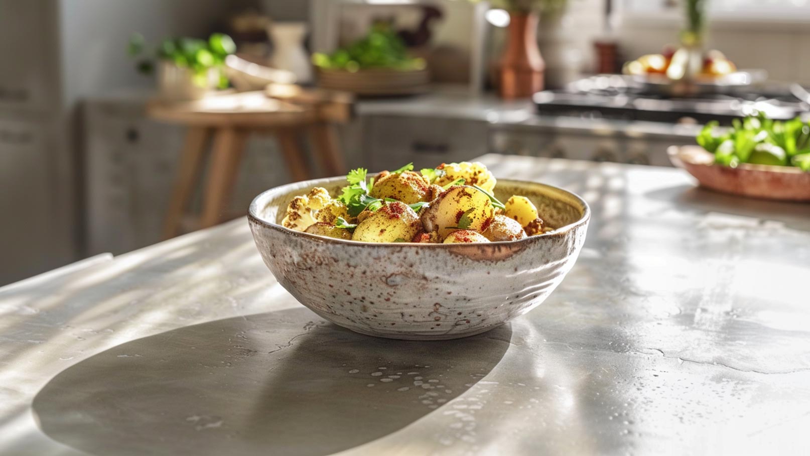 Eine große, rustikale Schüssel mit festgekochten Kartoffeln, die mit Gewürzen bestreut und mit frischem Koriander garniert sind. Die Schüssel steht auf einem eleganten Tisch in einer hellen, freundlichen Küche.