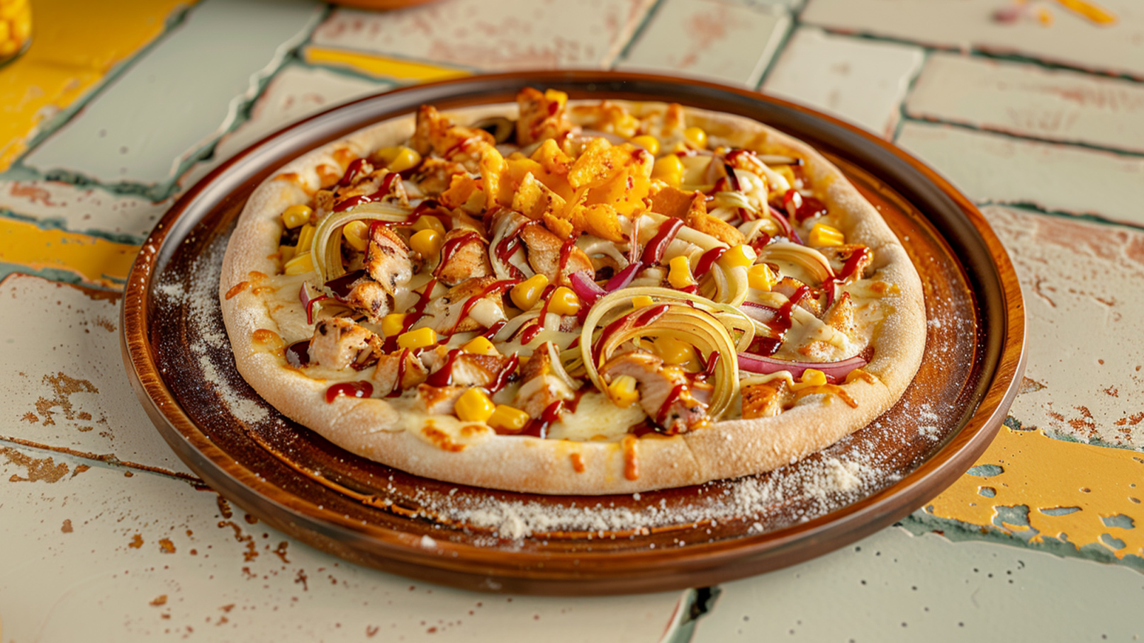 Ein Teller mit einer runden Pizza, belegt mit Hähnchenstücken, Zwiebeln, Mais und Tortilla-Chips. Die Pizza ist mit Ketchup und einer cremigen Soße verziert. Der Teller steht auf einem bunten Untergrund aus Mosaikfliesen.