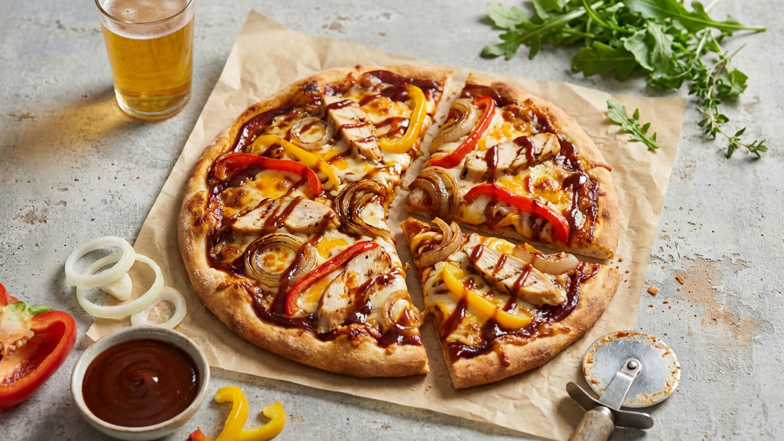 Eine frisch gebackene Pizza liegt auf braunem Papier. Sie ist mit BBQ-Sauce, Käse, Hähnchenstücken, roten und gelben Paprika sowie Zwiebeln belegt. Ein Stück wurde herausgeschnitten. Im Hintergrund sind ein Glas Bier und frische Kräuter zu sehen.