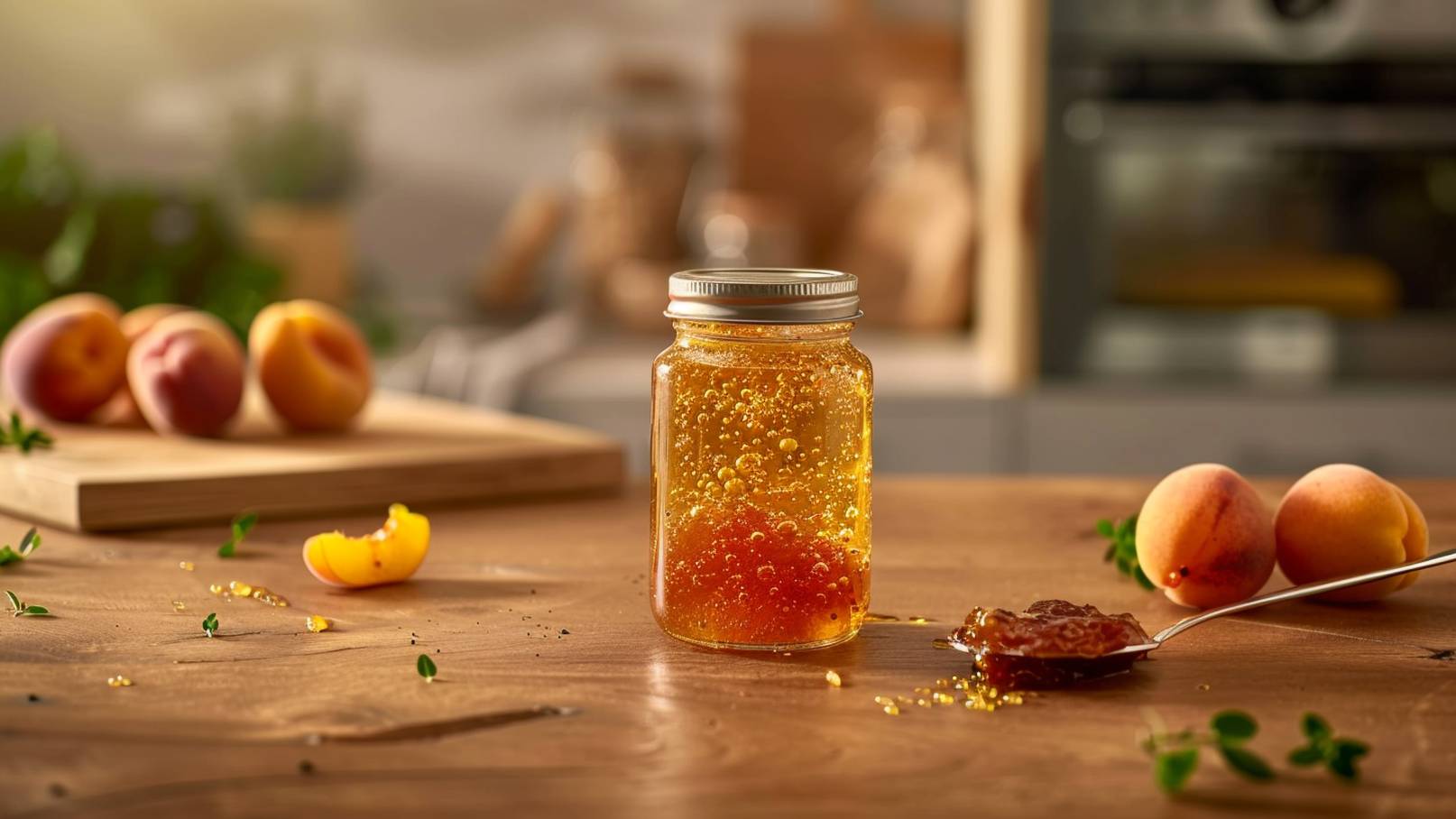 Zwei Gläser mit fruchtiger Aprikosenmarmelade stehen auf einem Tisch, umgeben von frischen Aprikosen und grünen Blättern. Die Marmelade hat eine lebendige orange Farbe und die Gläser sind mit einem Drahtverschluss versehen.