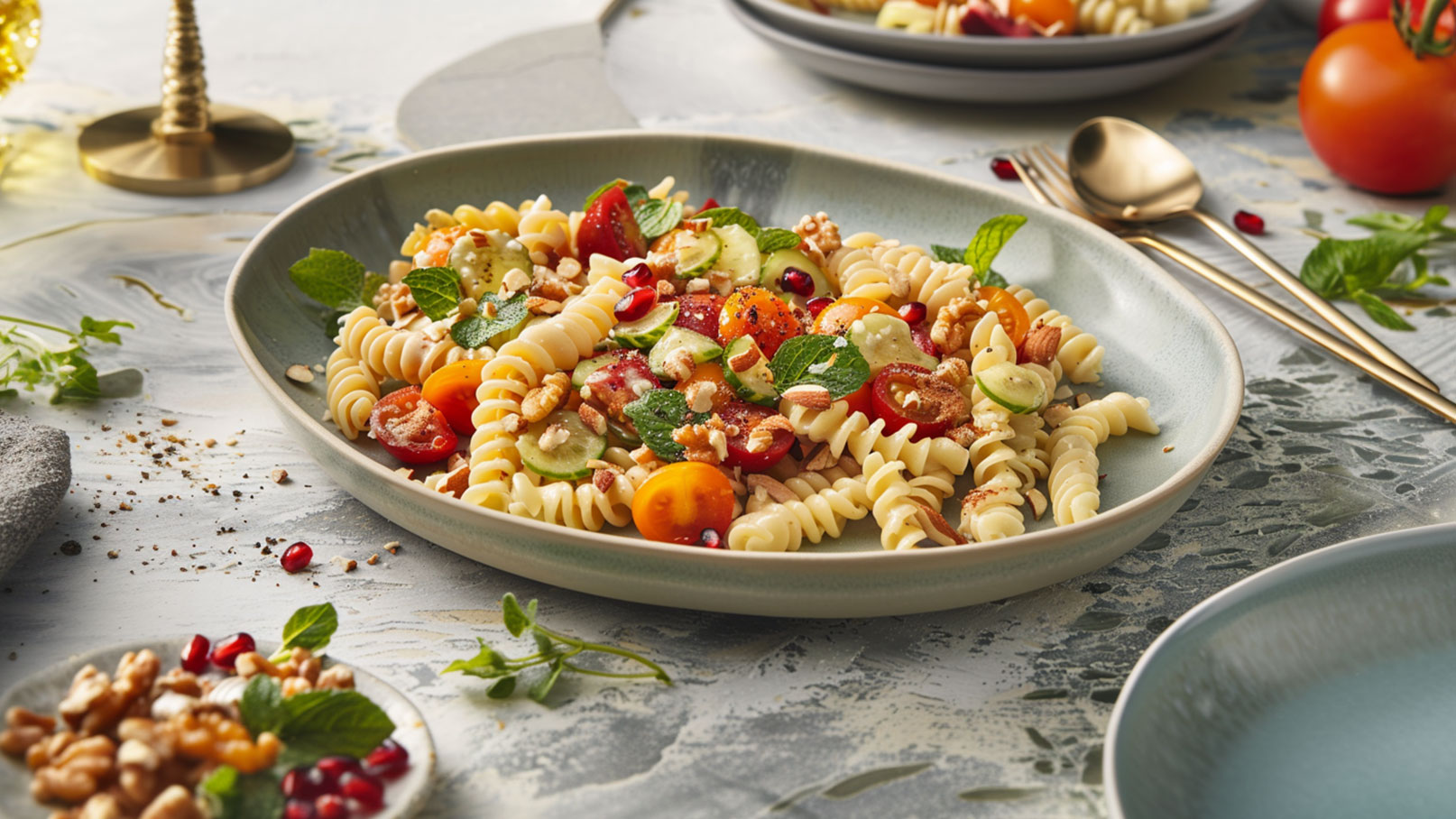 Ein Teller mit bunter Pasta, garniert mit frischen Tomaten, Gurken und Minzblättern. Über der Pasta sind gehackte Nüsse verteilt. Im Hintergrund sind weitere Teller und frische Tomaten sichtbar. Der Tisch ist elegant gedeckt.