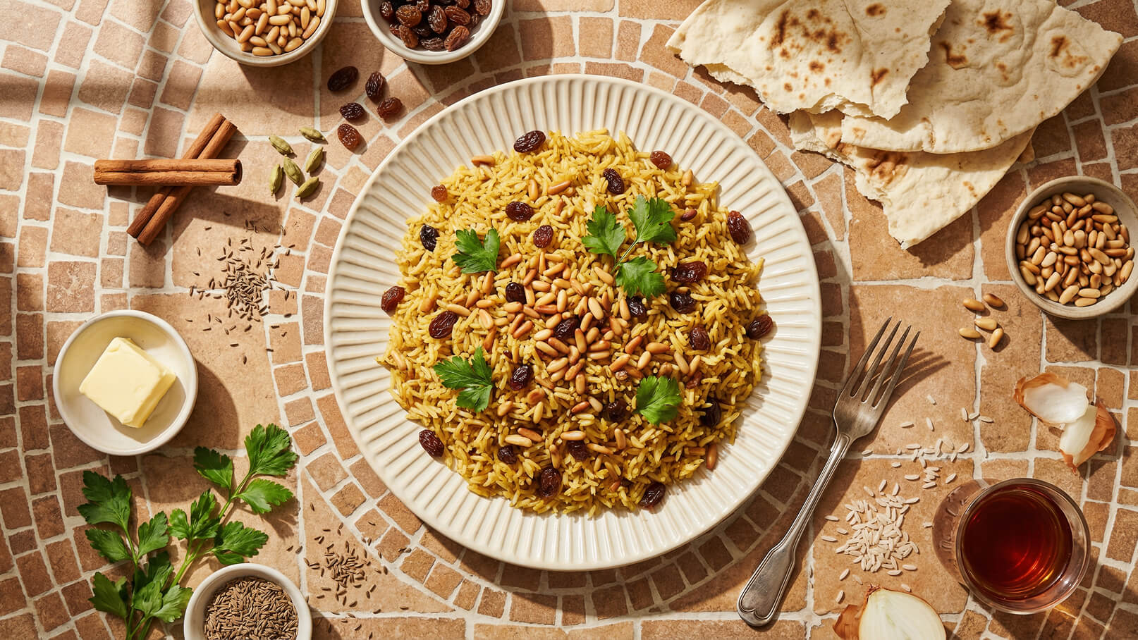 Ein Teller mit gelb gefärbtem Reis, garniert mit Pinienkernen und Rosinen, steht im Mittelpunkt. Frische Korianderblätter verleihen Farbe. Um den Teller herum liegen Gewürze wie Zimtstangen und Kreuzkümmel sowie ein Stück Butter. Dazu gibt es Fladenbrot und ein kleines Glas Tee.