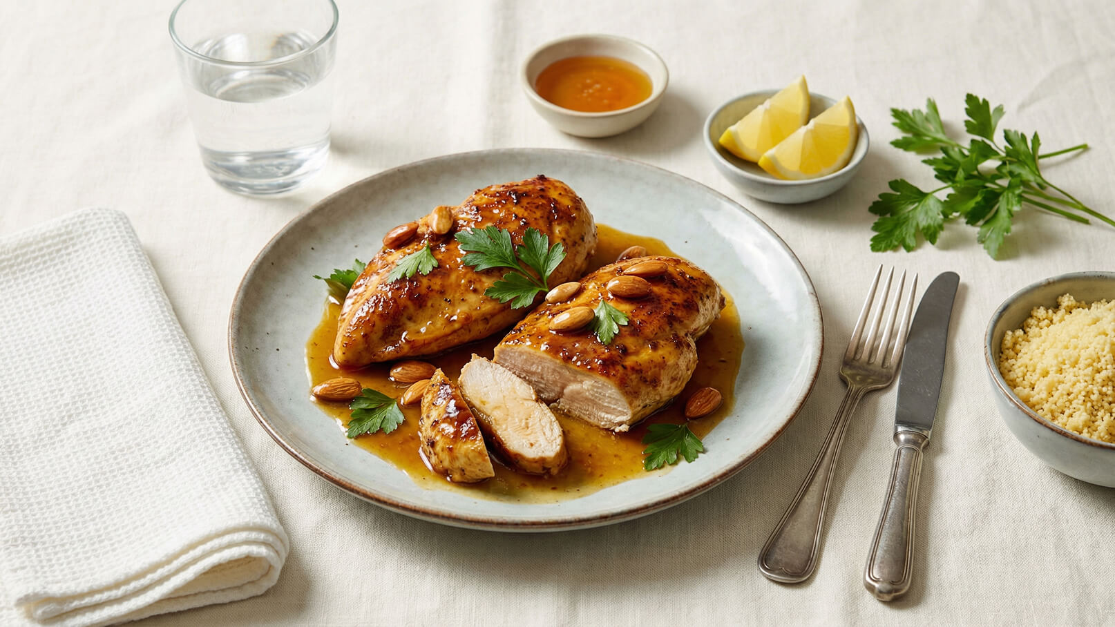 Ein Teller mit zartem Hühnchen, das in einer glänzenden Sauce liegt und mit Mandeln und frischer Petersilie garniert ist. Neben dem Geflügel sind einige geschnittene Stücke und eine Schale Couscous zu sehen. Im Hintergrund stehen Zitronenscheiben und eine kleine Schale mit Soße.