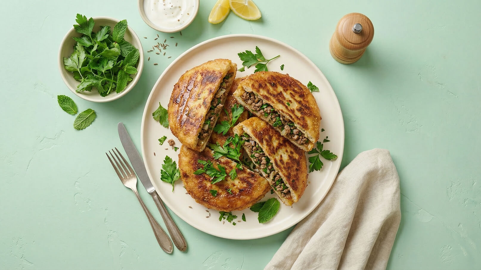 Ein Teller mit gefüllten, goldbraunen Fladenbroten, die halbiert sind und eine Füllung aus Hackfleisch und Kräutern zeigen. Daneben befinden sich frische Kräuter, ein Schälchen mit Joghurt und Zitronenscheiben. Der Hintergrund ist in sanften Minttönen gehalten.