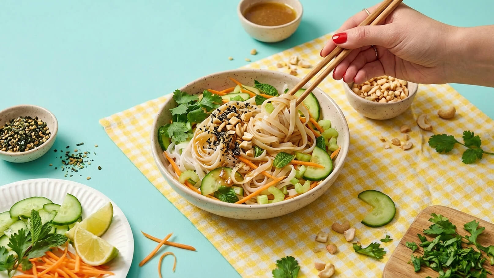 Eine Hand mit Essstäbchen greift nach einer Schüssel mit Reisnudeln, garniert mit frischem Gemüse, Koriander, Erdnüssen und schwarzem Sesam. Die Schüssel steht auf einem gelben karierten Tuch, umgeben von frischen Zutaten und Gewürzen.