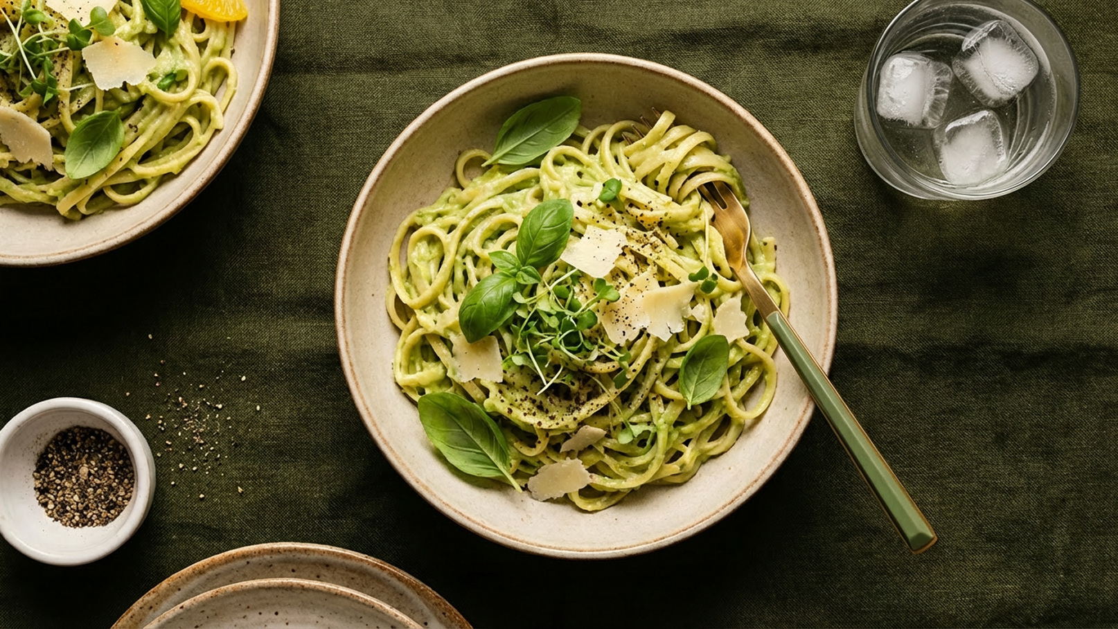 Ein Teller mit grünen Nudeln ist dekoriert mit frischen Basilikumblättern, Rucola und geriebenem Käse. Eine Gabel steckt in den Nudeln, und daneben liegt ein kleines Schälchen mit Pfeffer. Der Hintergrund ist in einem dunklen Grünton gehalten.