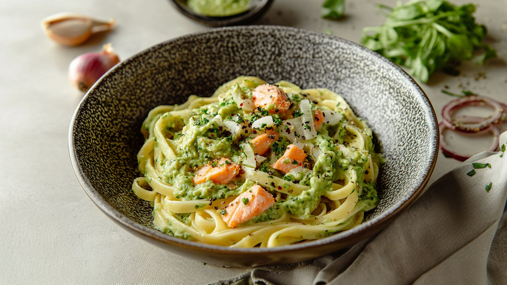 Eine Schüssel Pasta mit einer cremigen grünen Sauce, garniert mit Stückchen von lachsartigen Fisch, Zwiebelwürfeln und frischen Kräutern. Die Pasta liegt auf einem neutralen Untergrund und ist umgeben von einigen frischen Zutaten und einem Tuch.
