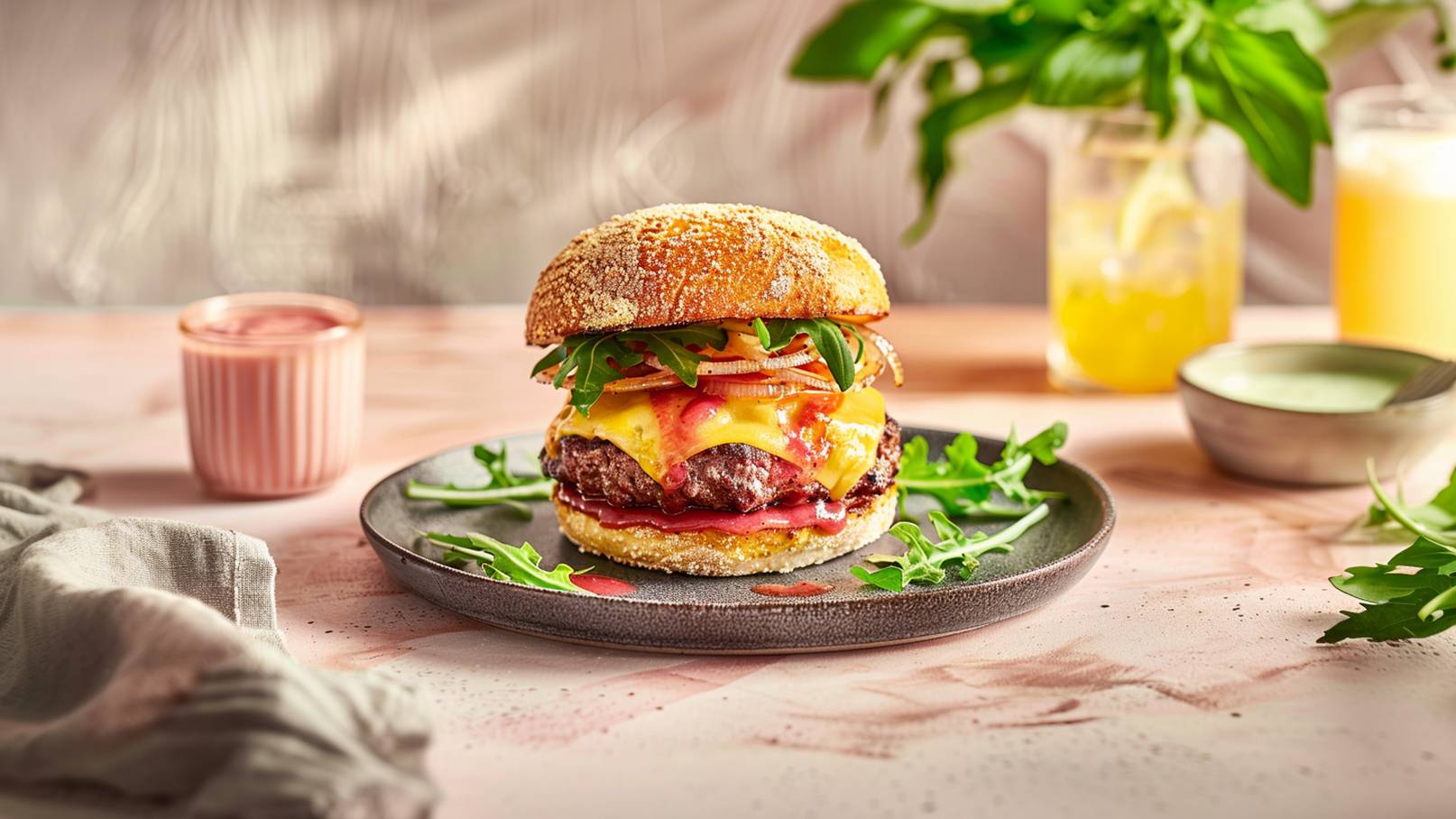 Ein saftiger Hamburger mit einem Sesambrötchen, gefüllt mit einem gegrillten Patty, frischen Tomatenscheiben und Röstzwiebeln, auf einem Bett aus knackigem Salat. Dazu liegen Pommes Frites und eine kleine Schale Ketchup auf dem Tisch.